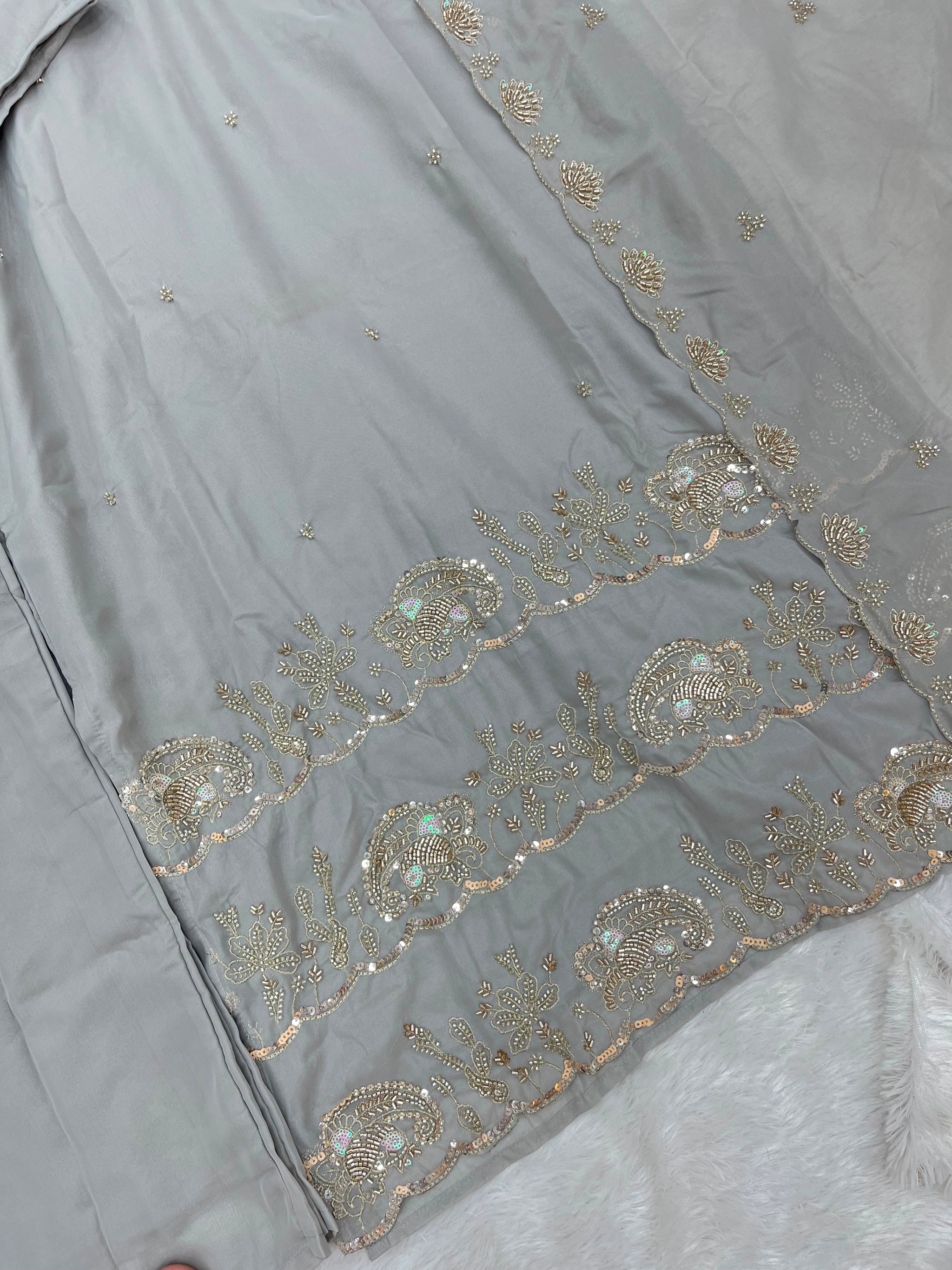 1204 Floral Hand-Work Partywear - Dove Grey