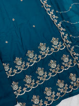1204 Floral Hand-Work Partywear - Teal Blue