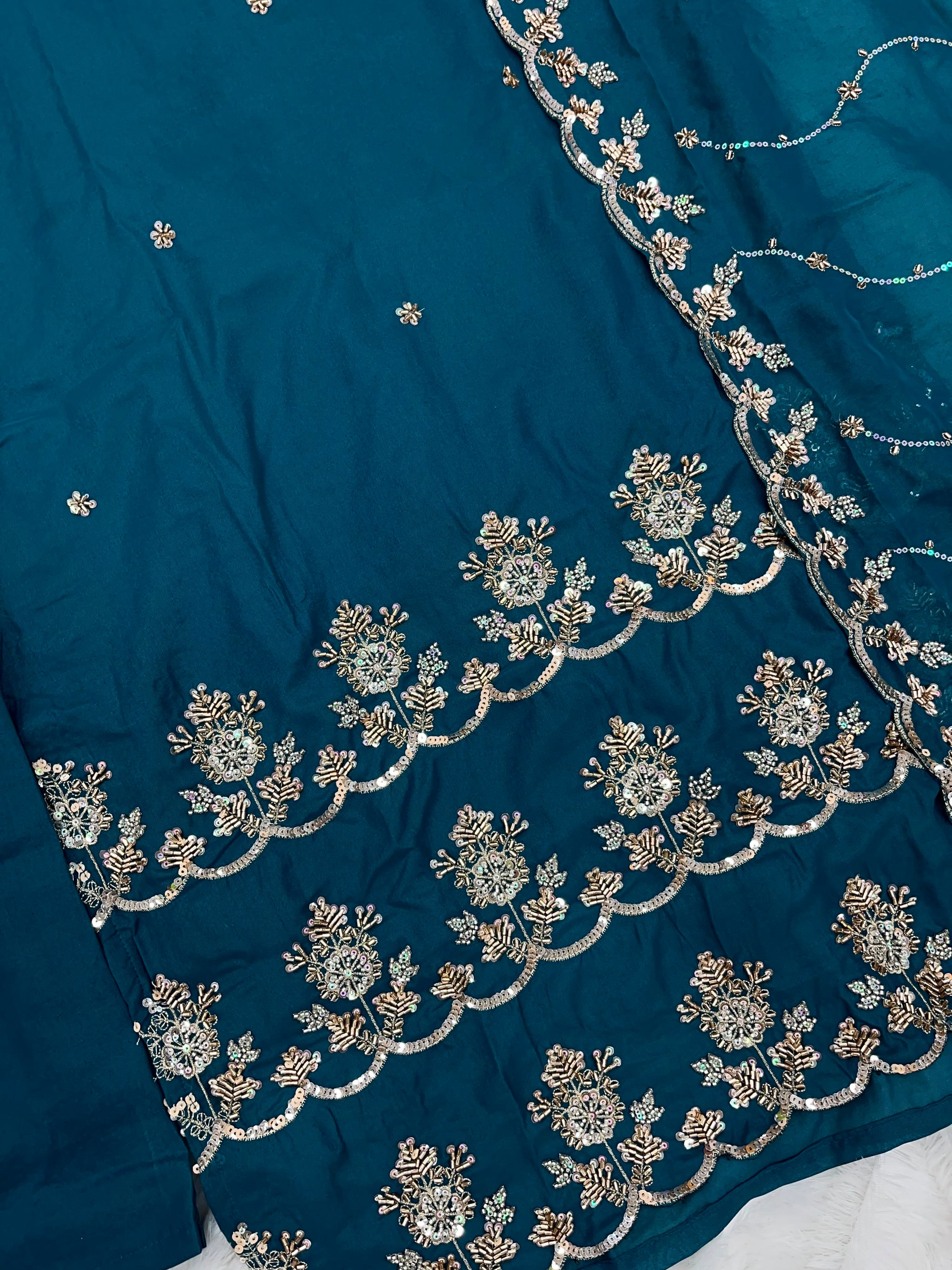 1204 Floral Hand-Work Partywear - Teal Blue