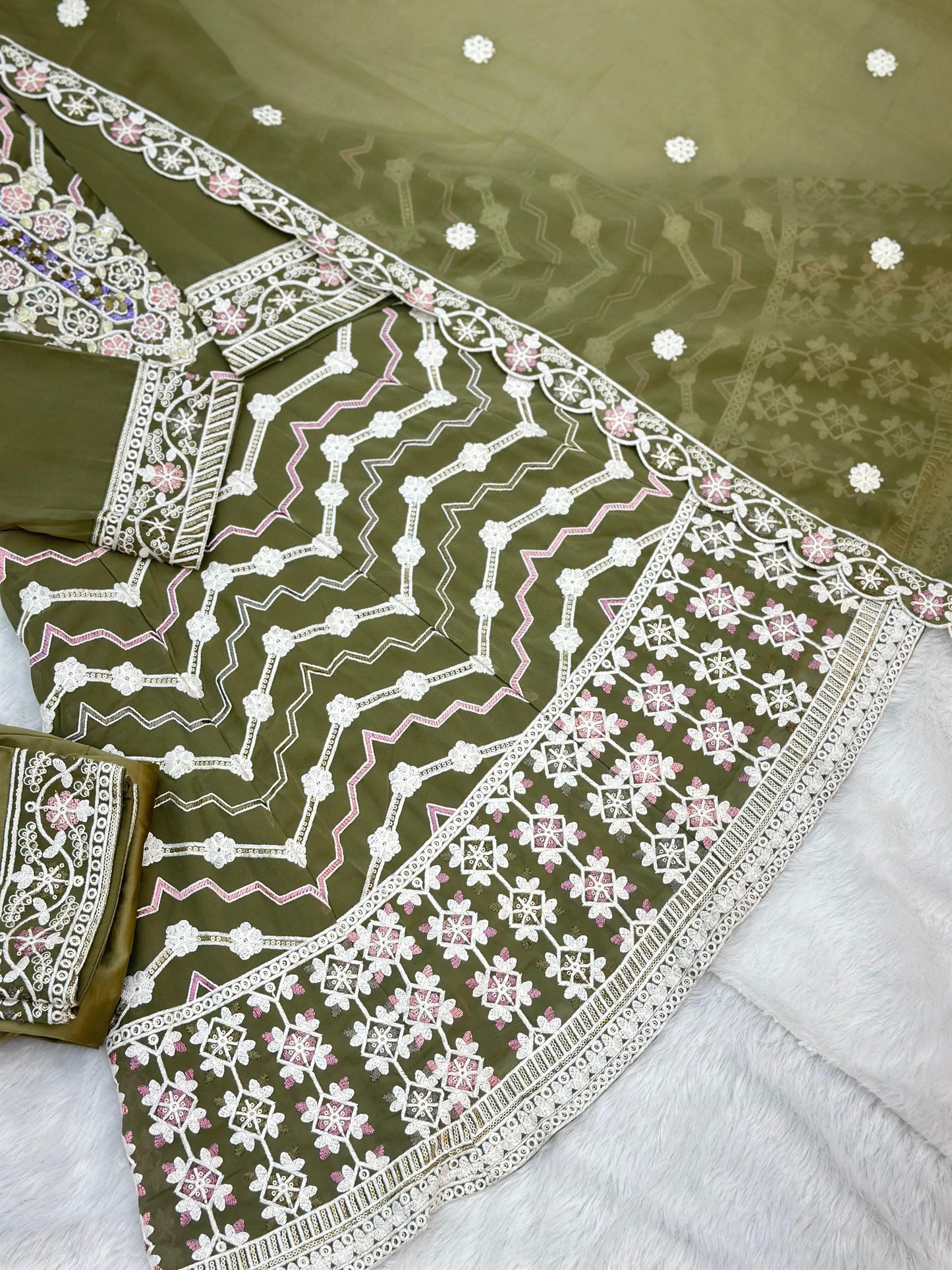 653 Pakistani Embroidered Frock Set - Mehendi Green