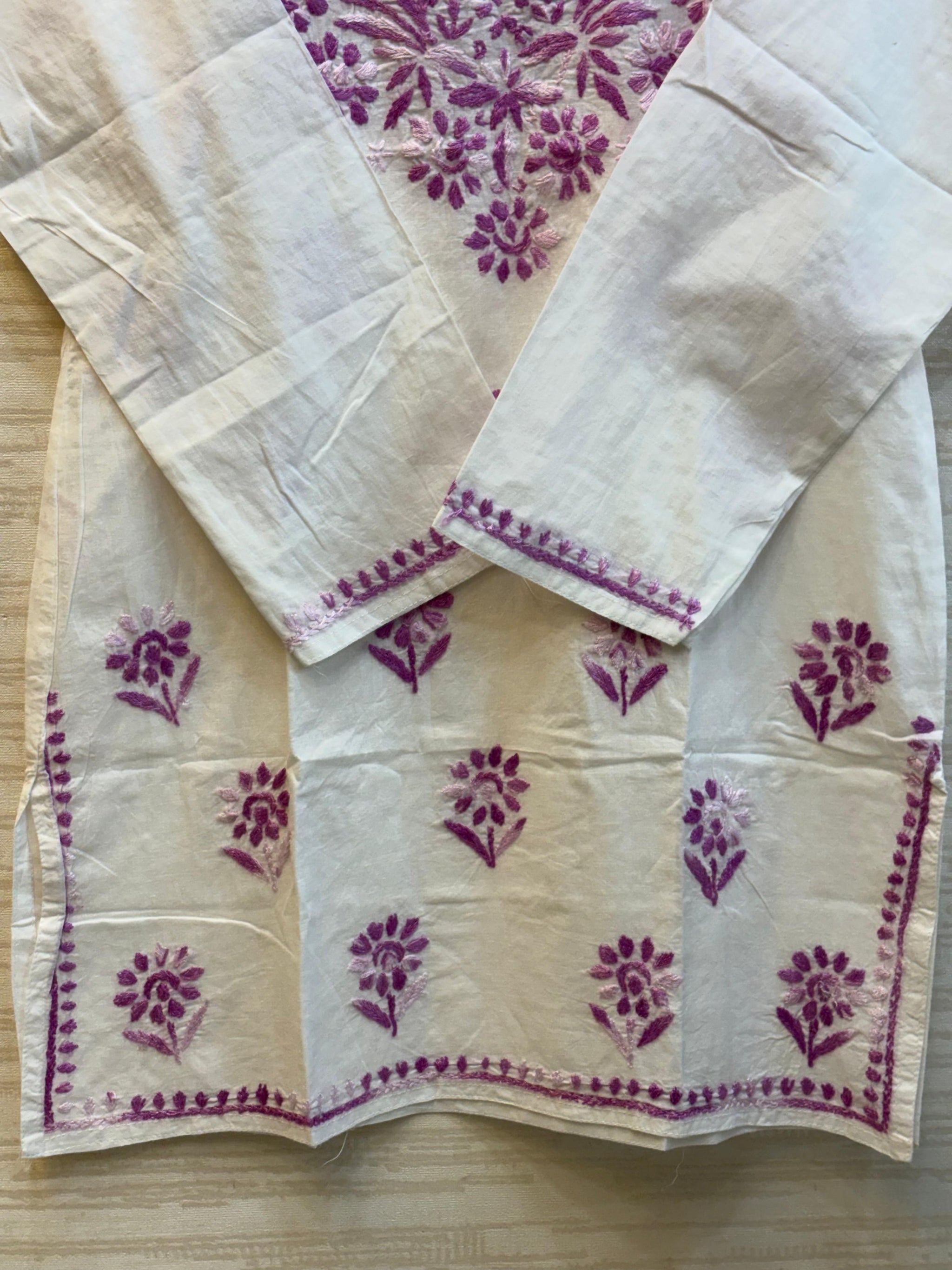 618 Lucknowi Short Kurti Set | White - Purple