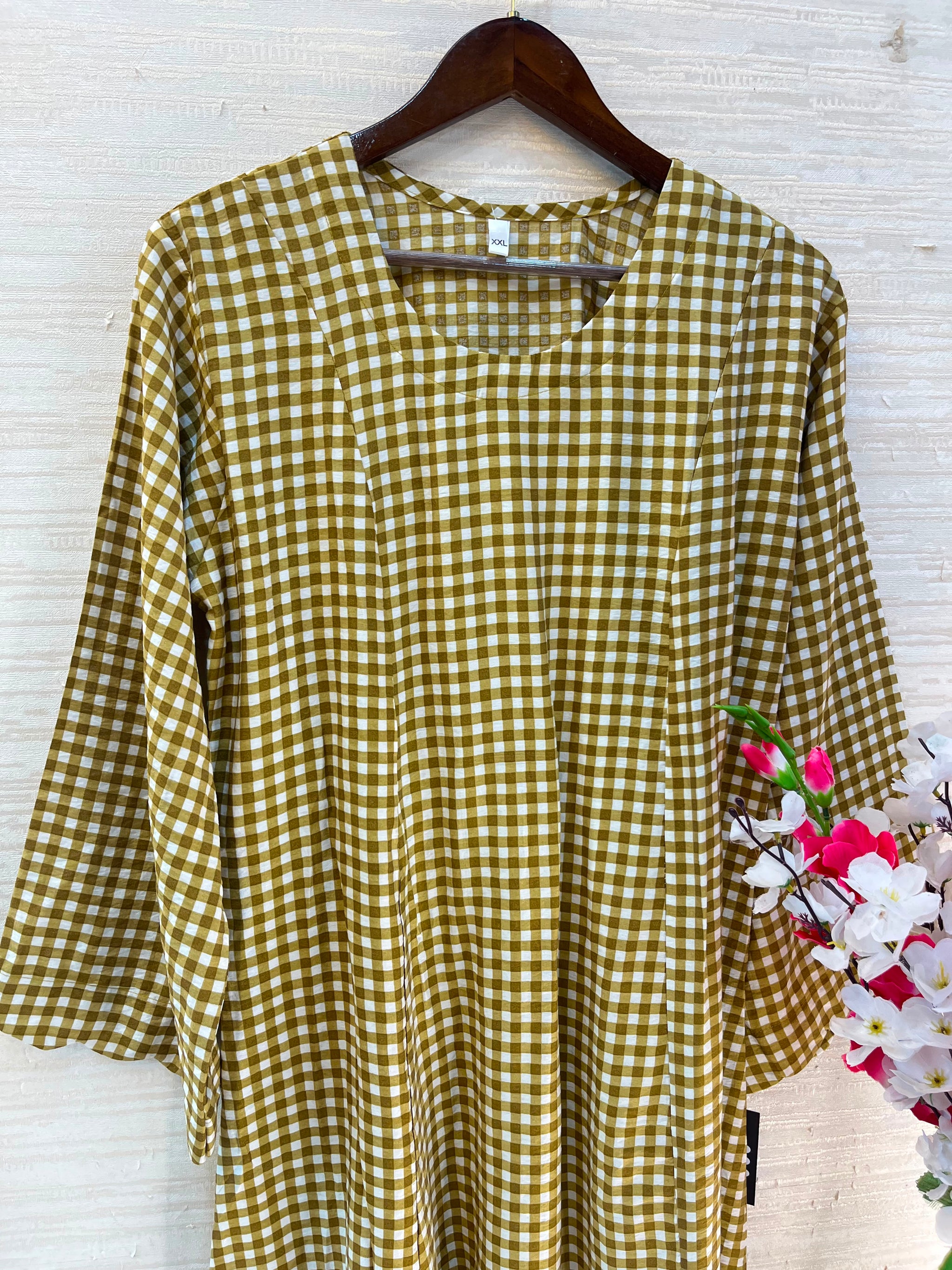 1209 Korean Gingham Gown - Olive Mustard