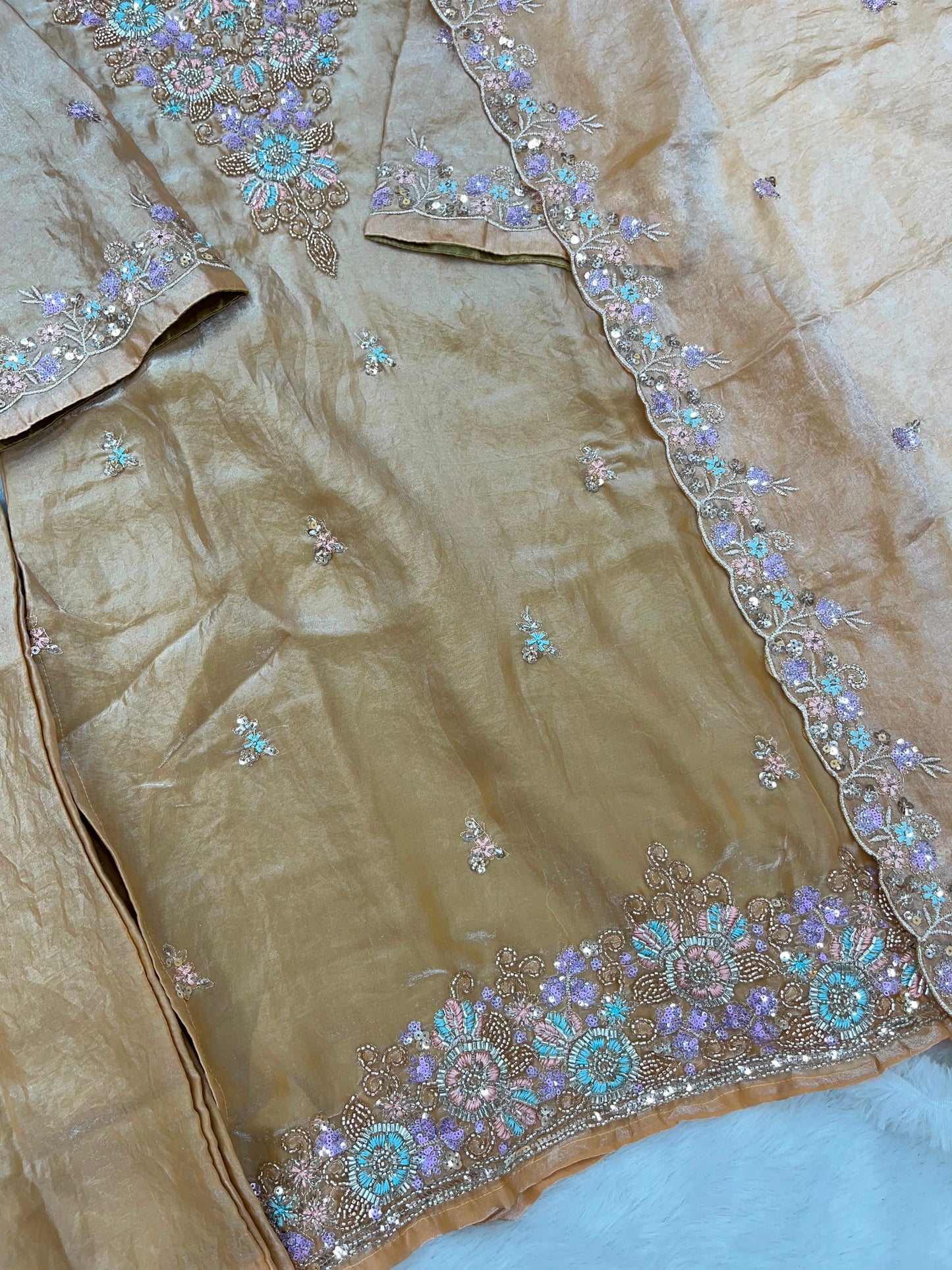 1204 Floral Hand-Work Partywear - Golden Beige