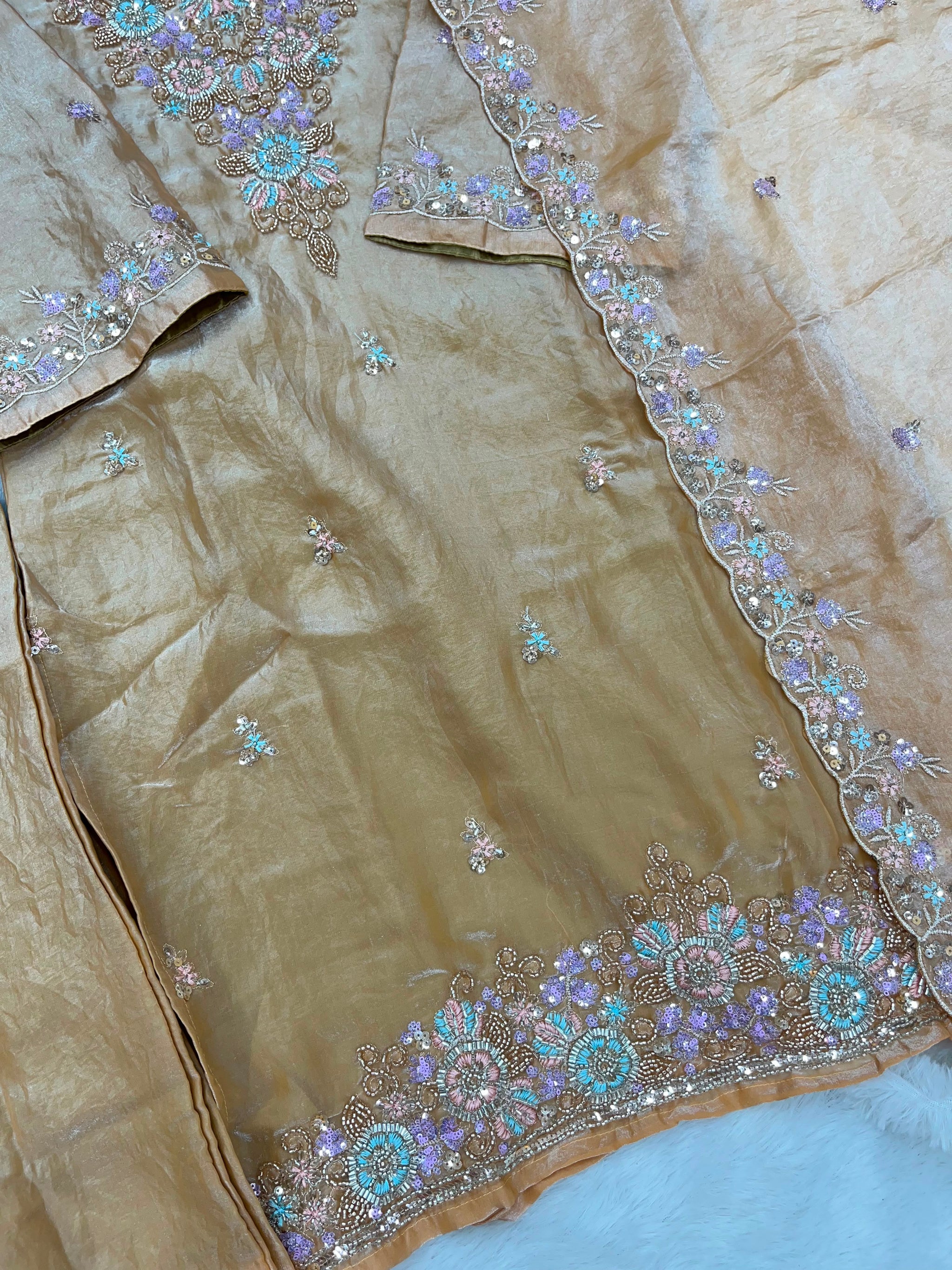 1204 Floral Hand-Work Partywear - Golden Beige