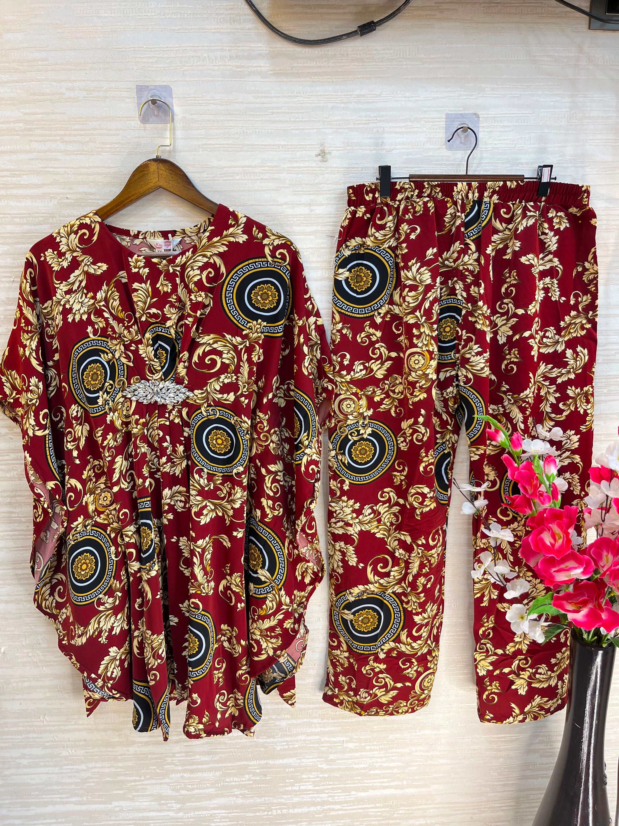 1201 Kaftan Coord Set - Maroon Red