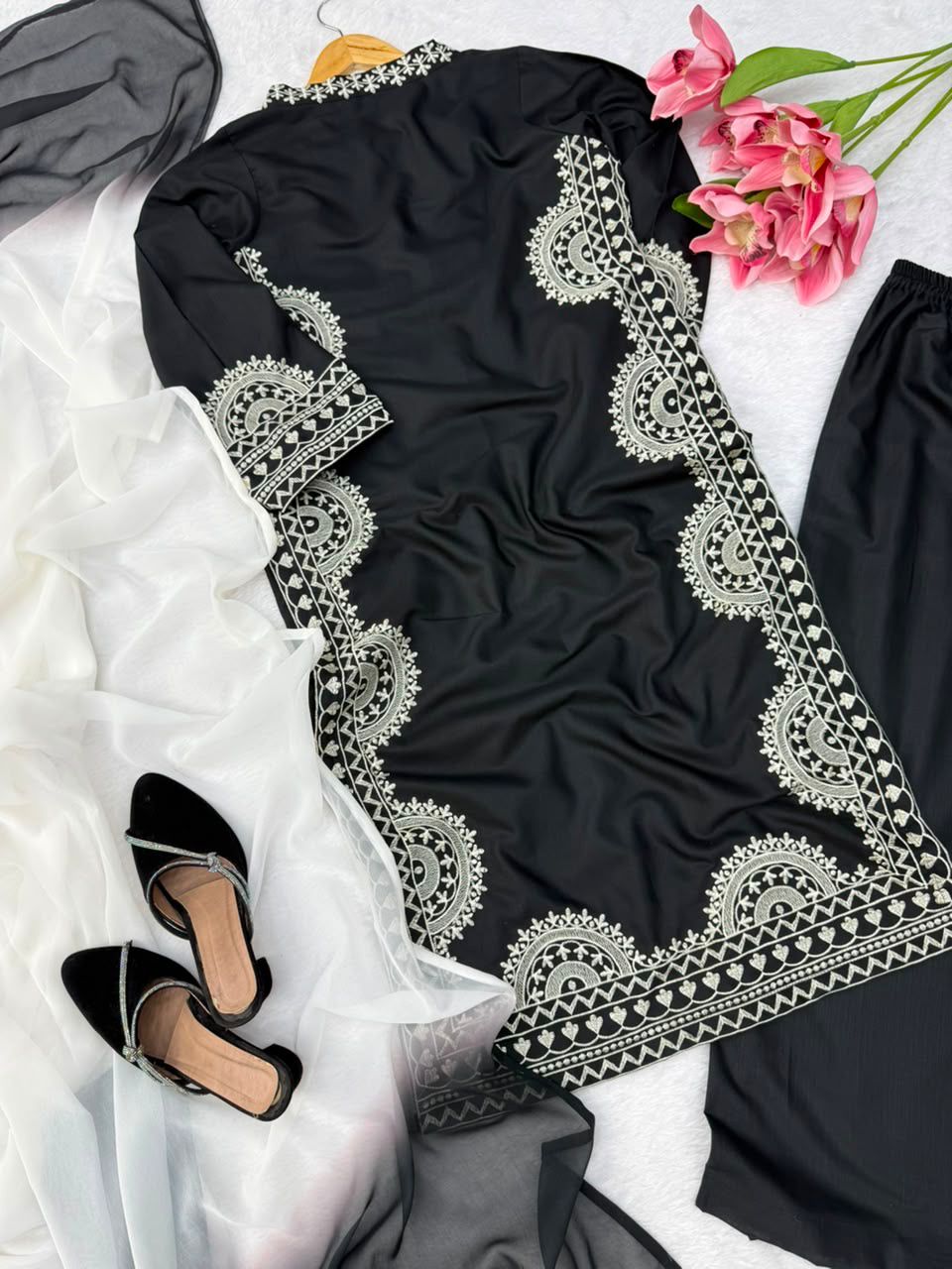 1338 Pakistani Embroidered Coord Set - Black