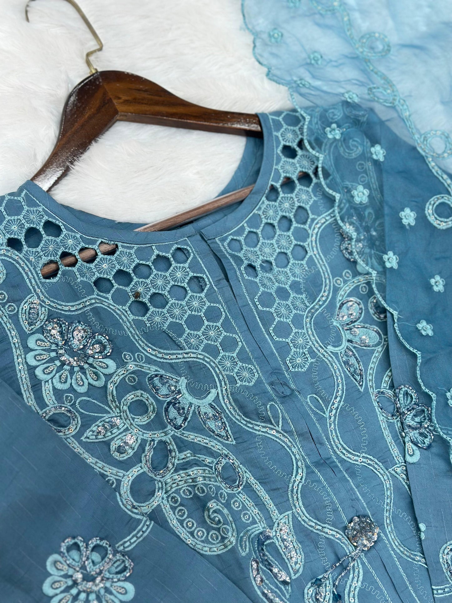 652 Pakistani Cut-Work Embroidery - Stone Blue