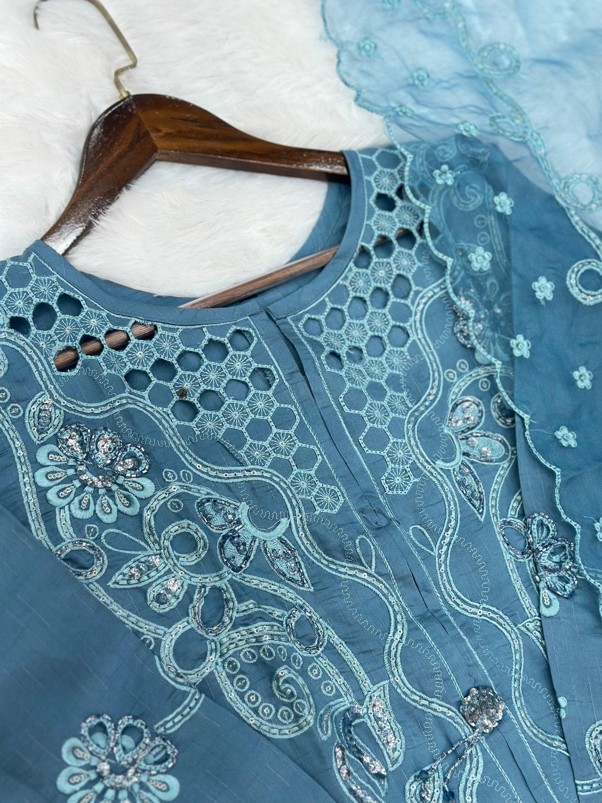 652 Pakistani Cut-Work Embroidery - Stone Blue