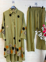 1097 Floral Embroidered Coord Set - Olive Green