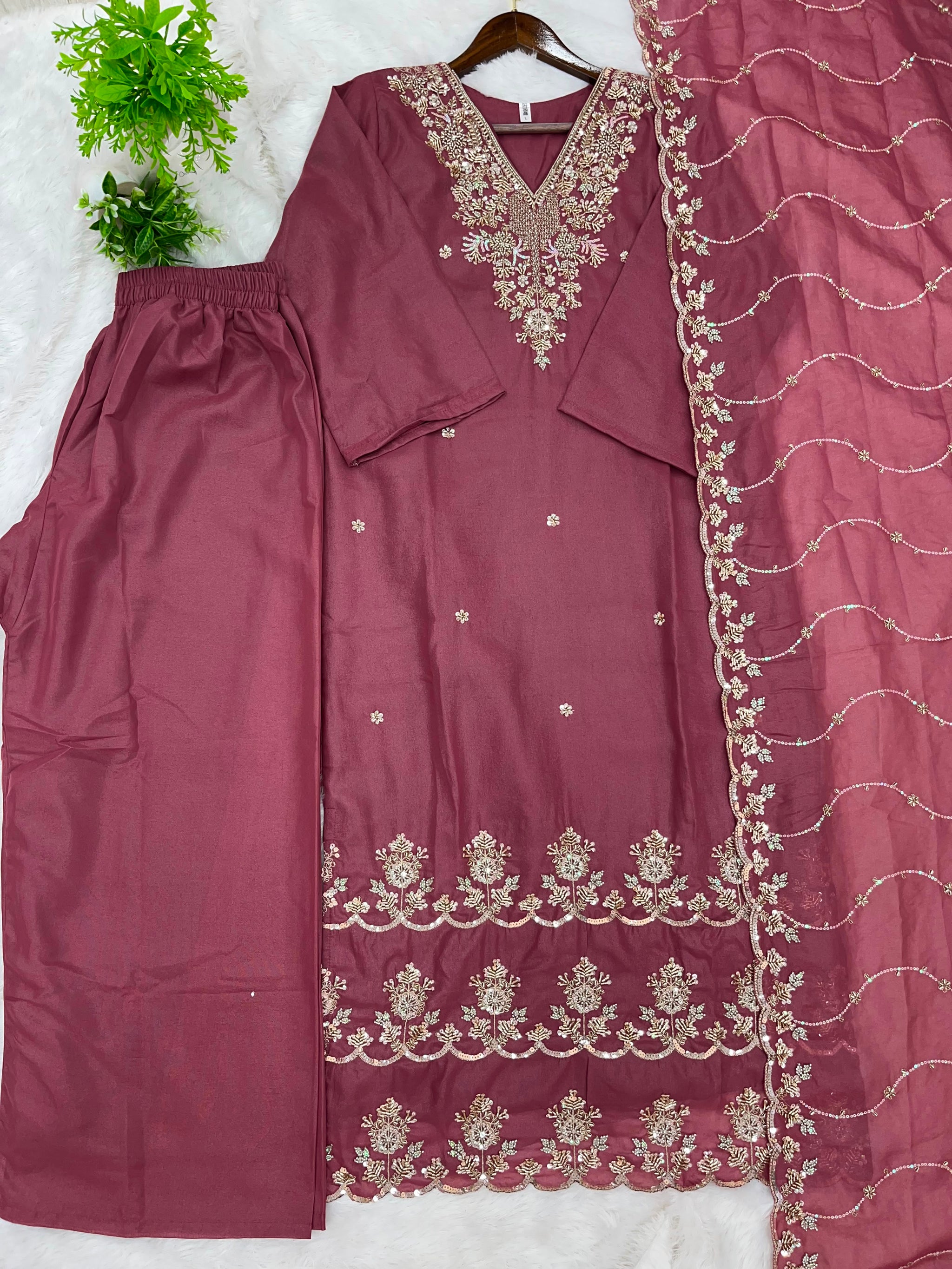 1204 Floral Hand-Work Partywear - Wine Maroon