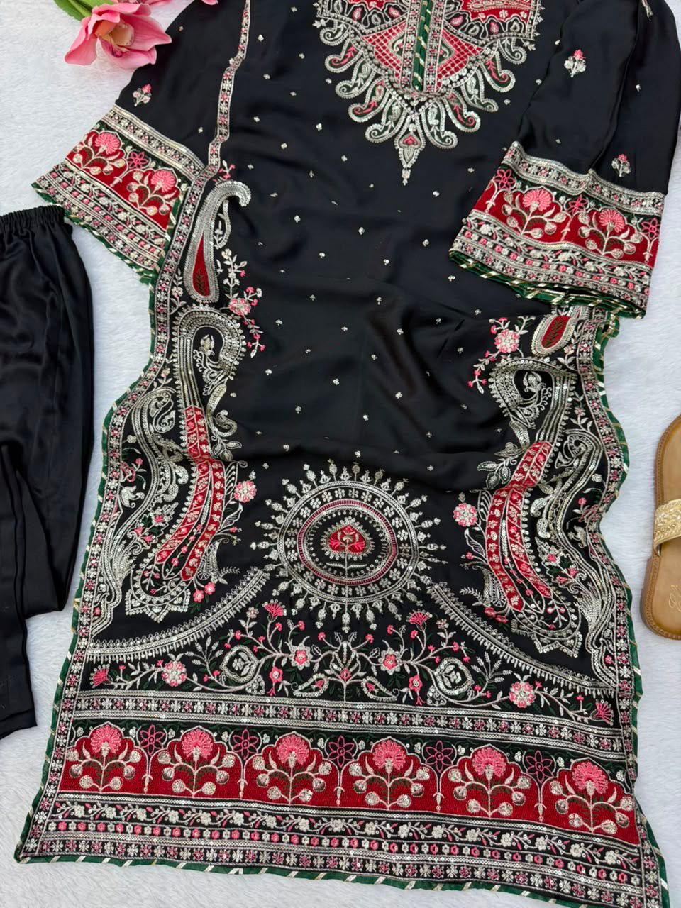 1319 Premium Pakistani Embroidered Black Kaftan 2 Pc Set