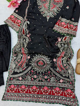 1319 Premium Pakistani Embroidered Black Kaftan 2 Pc Set