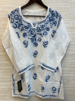 618 Lucknowi Short Kurti Set | White - Blue