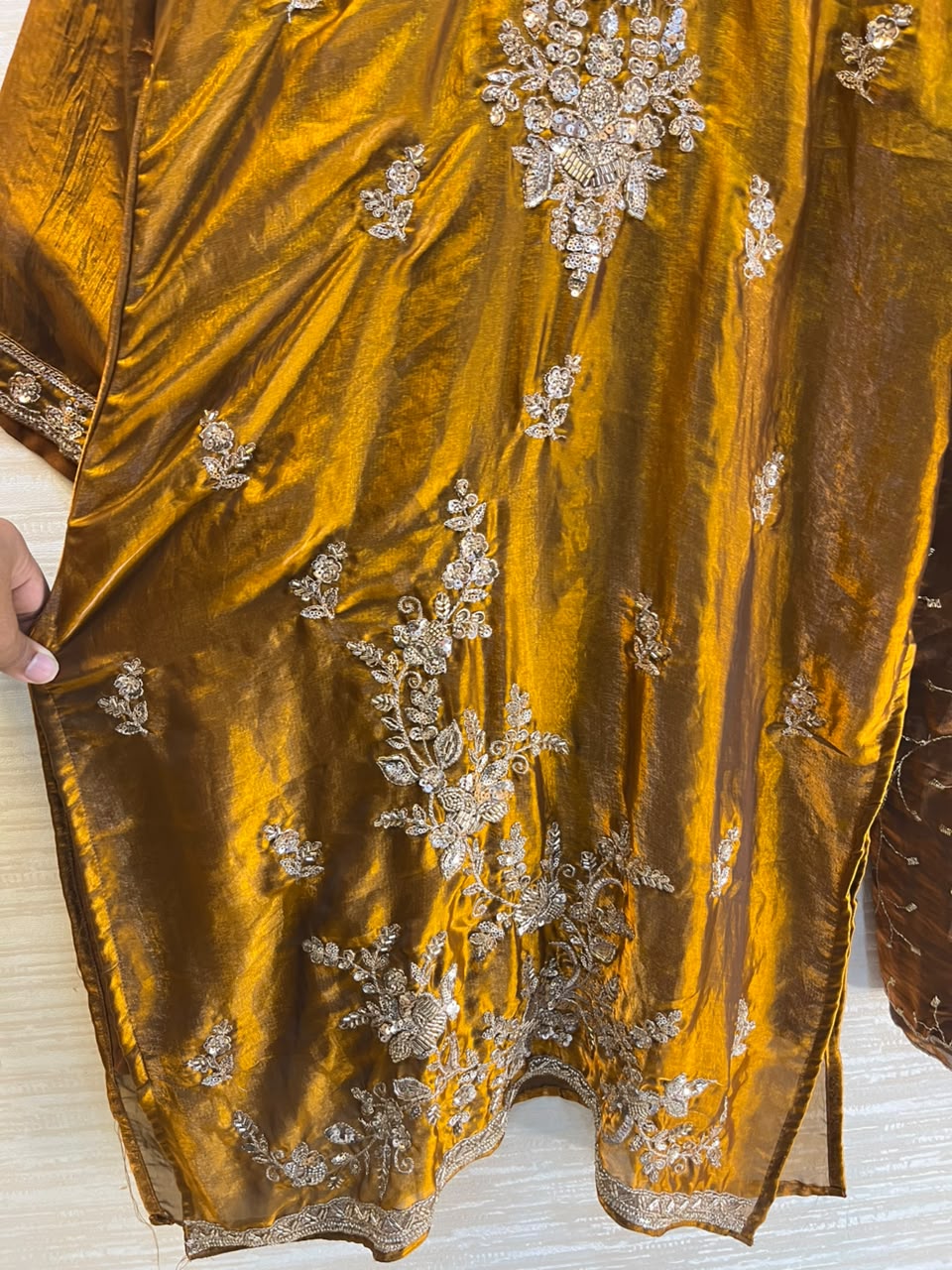 1204 Floral Hand-Work Partywear - Mustard Gold