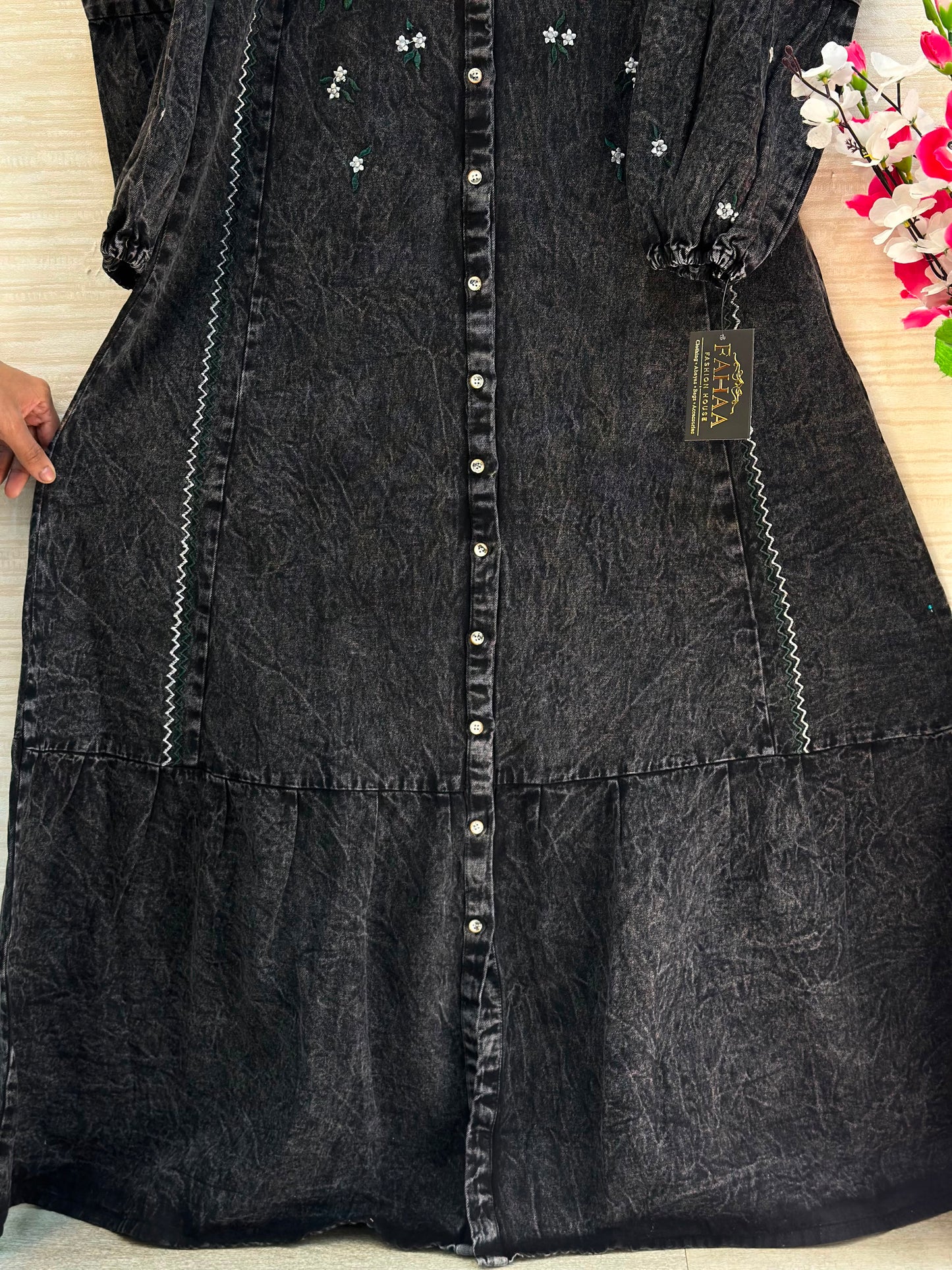 1210 Embroidered Denim Gown - Acid Black