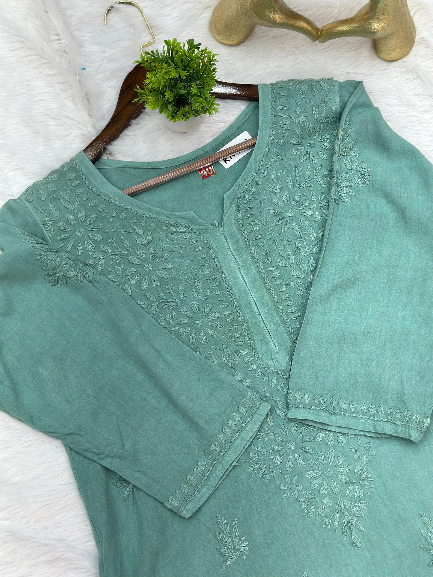 685 Lucknowi Long Kurti - Sage Green