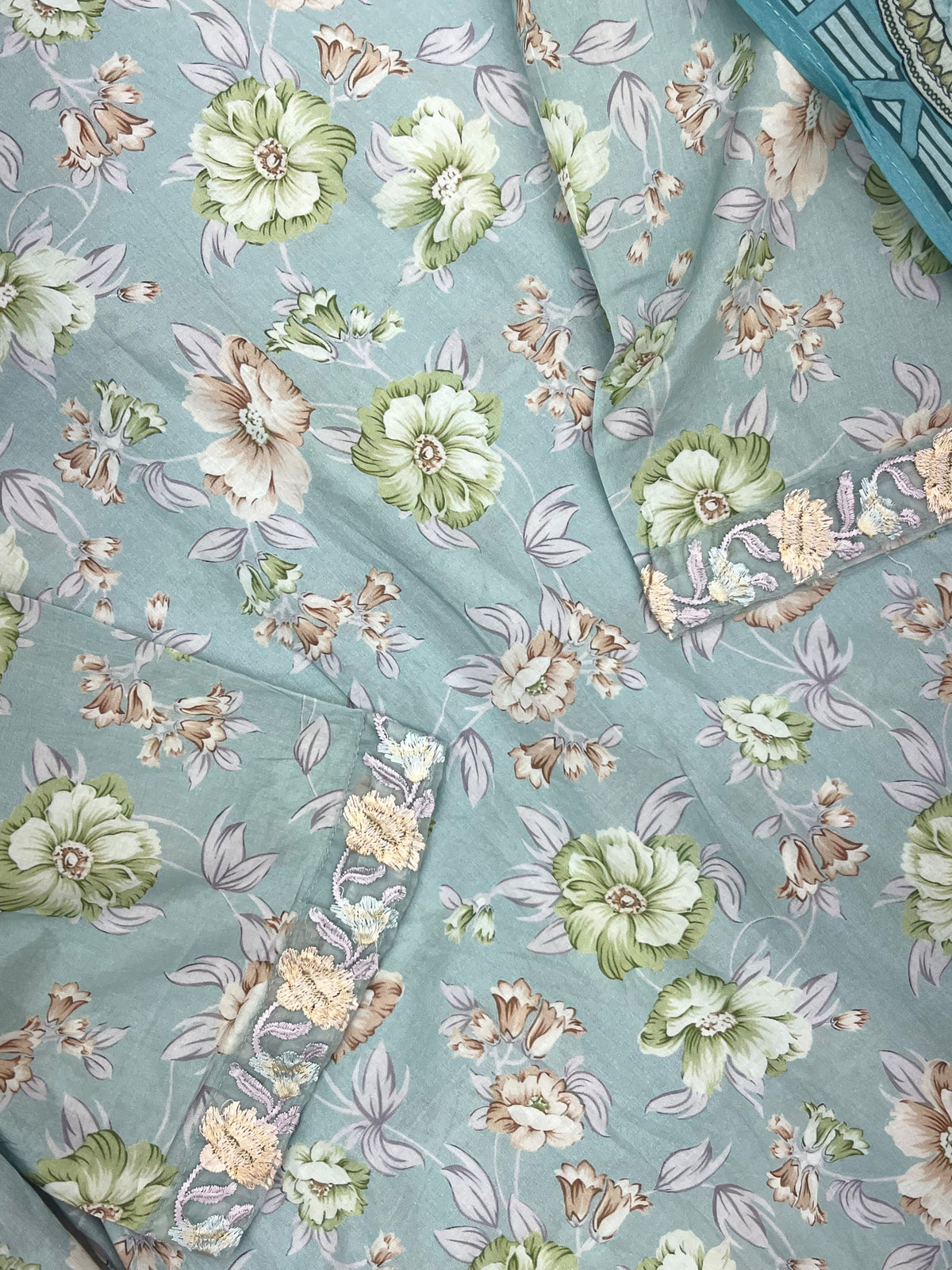1441 Mausumery Foral Lawn Suit - Ice Blue