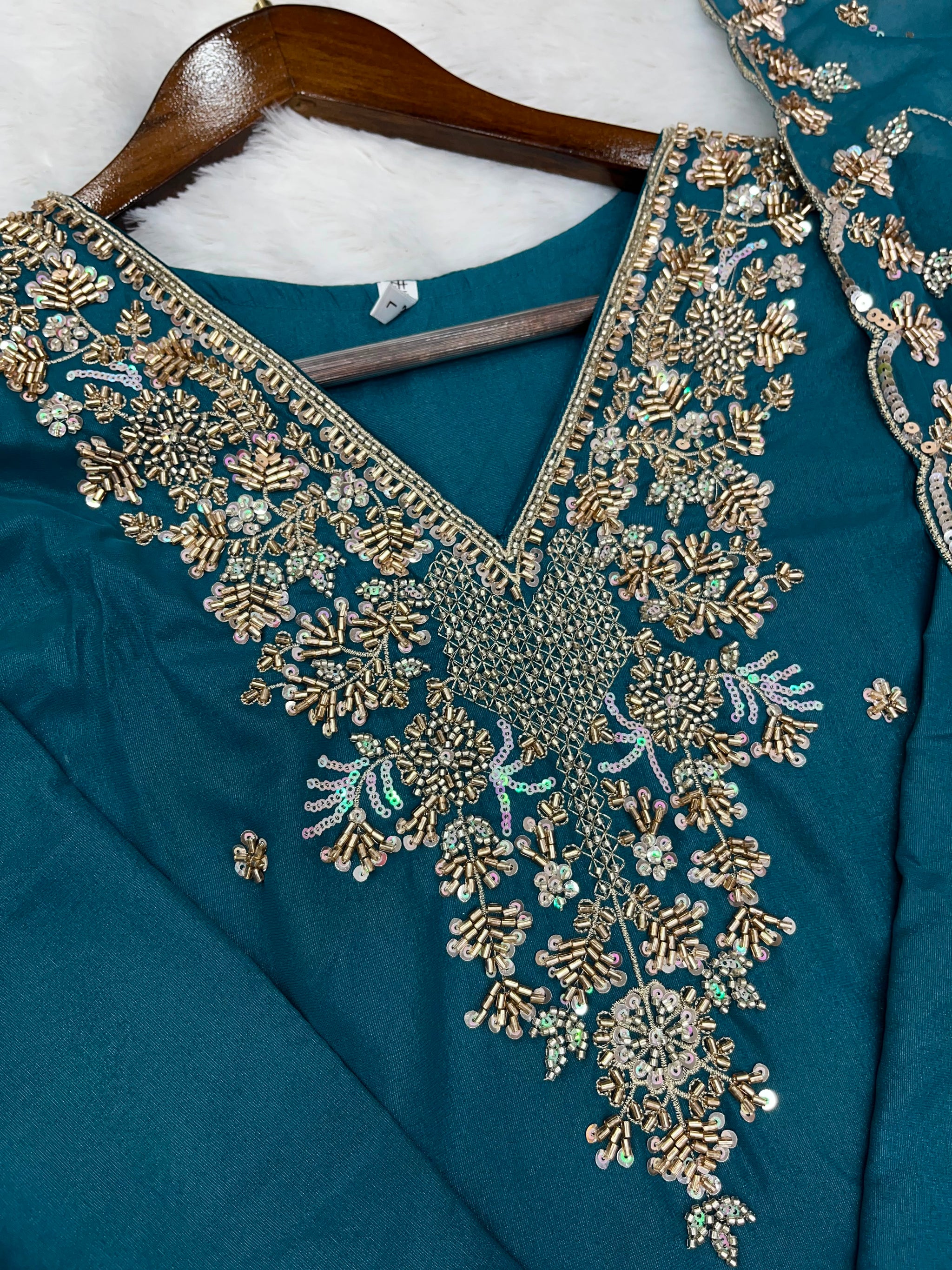 1204 Floral Hand-Work Partywear - Teal Blue