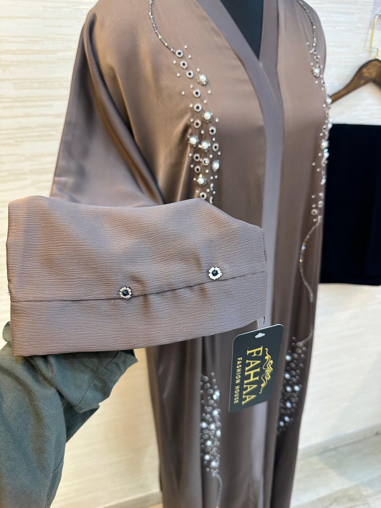 334 Midnight Pearl Embellished Abaya Set - Brownish Taupe