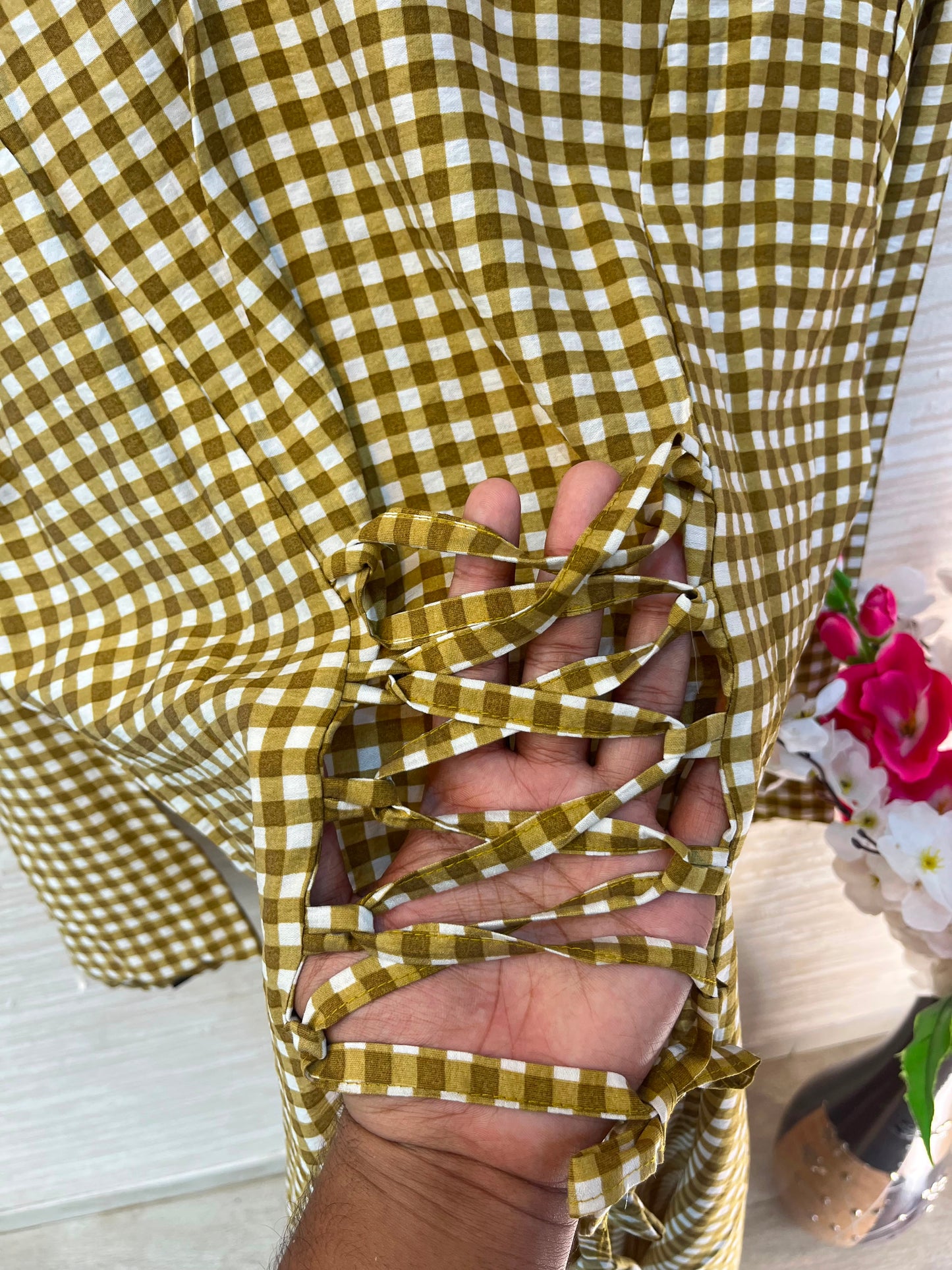 1209 Korean Gingham Gown - Olive Mustard