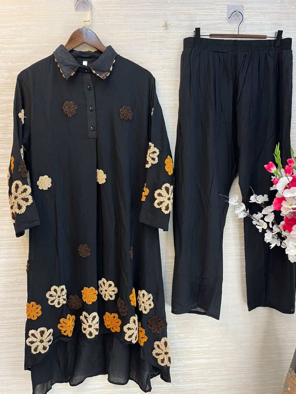 1097 Floral Embroidered Coord Set - Black
