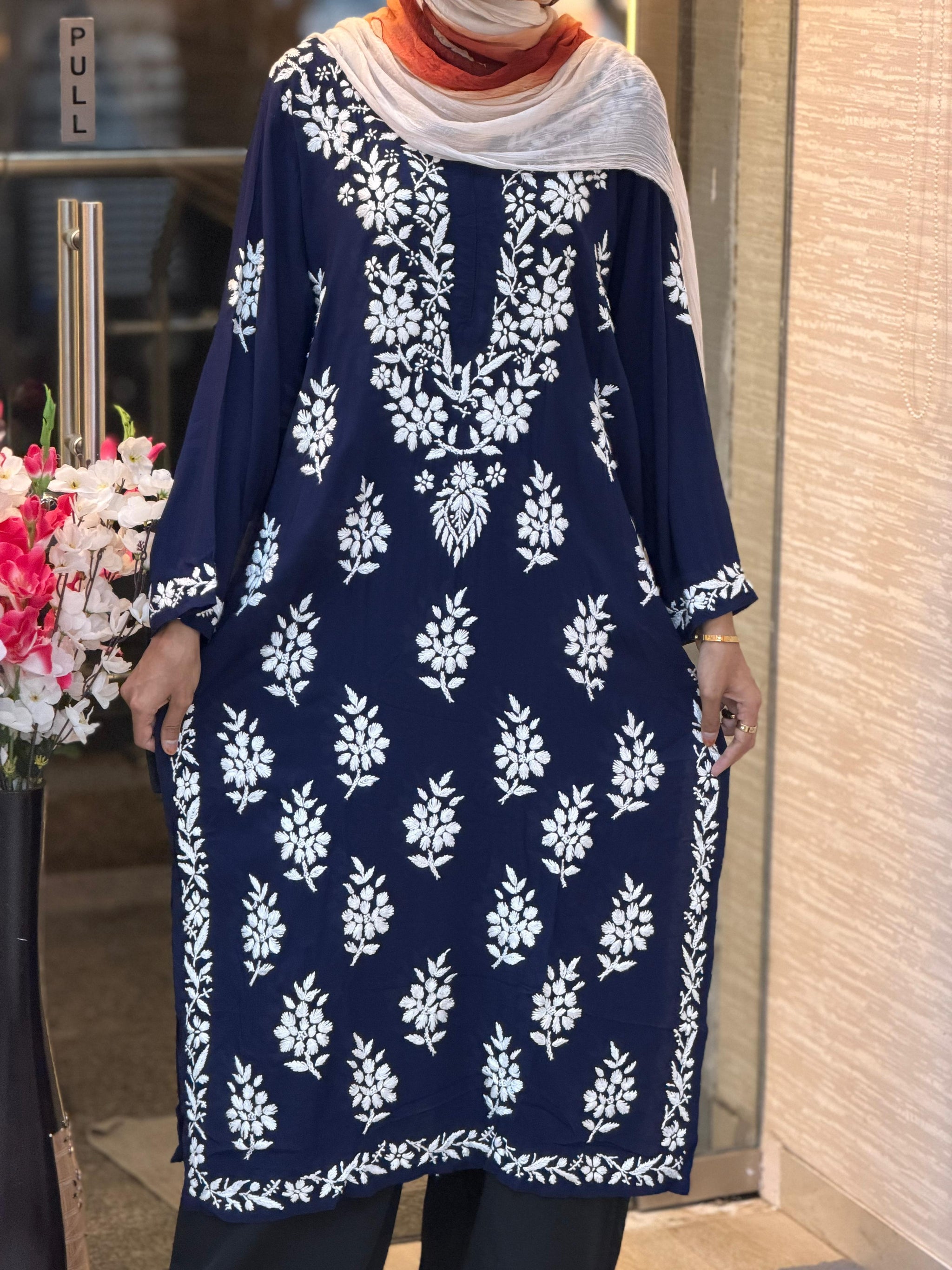 619 Lucknowi Long Kurti Set | Navy Blue