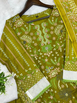 1451 Pakistani Embroidered Suit - Olive Green