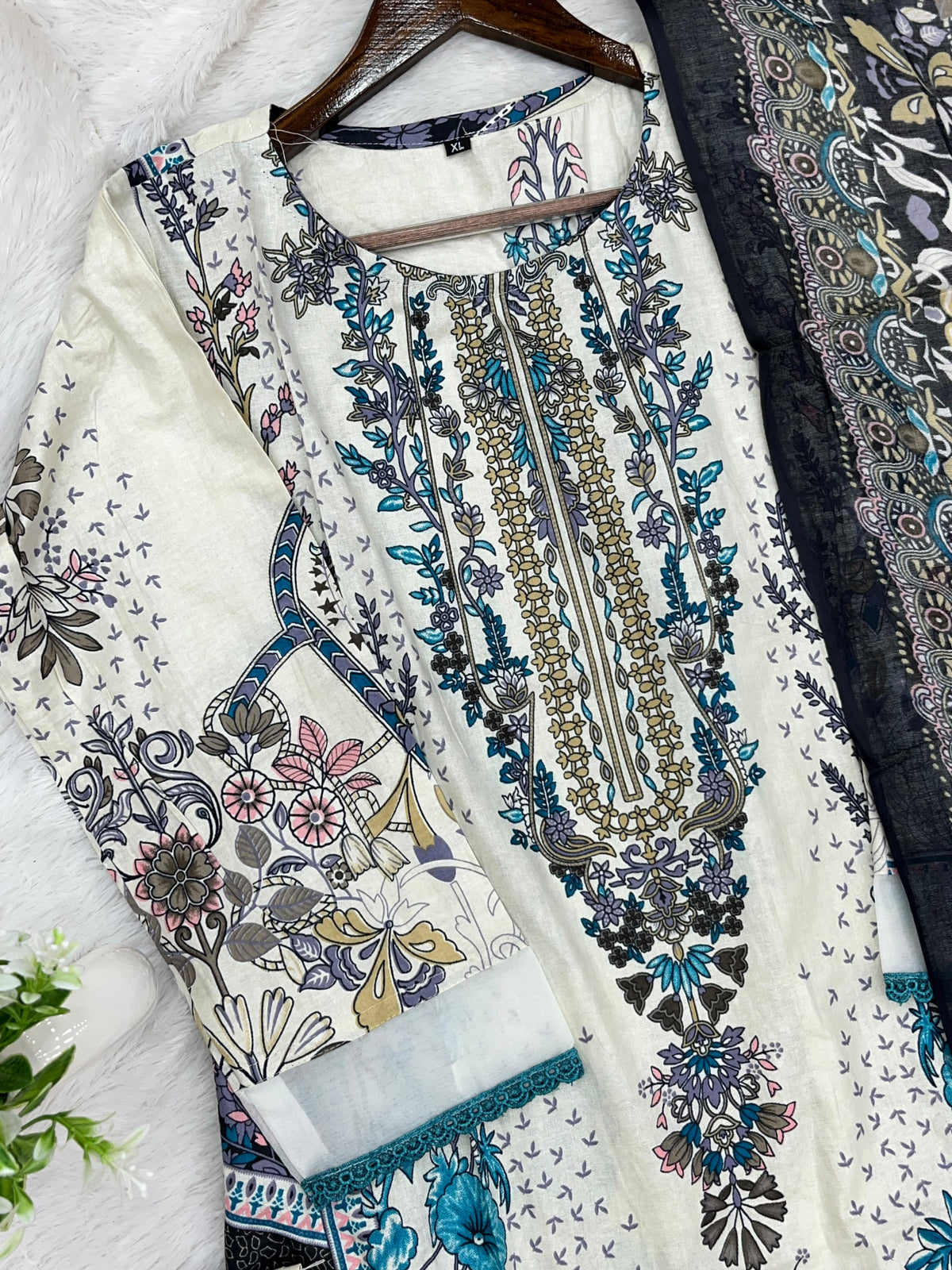1451 Pakistani Embroidered Suit - Cream White