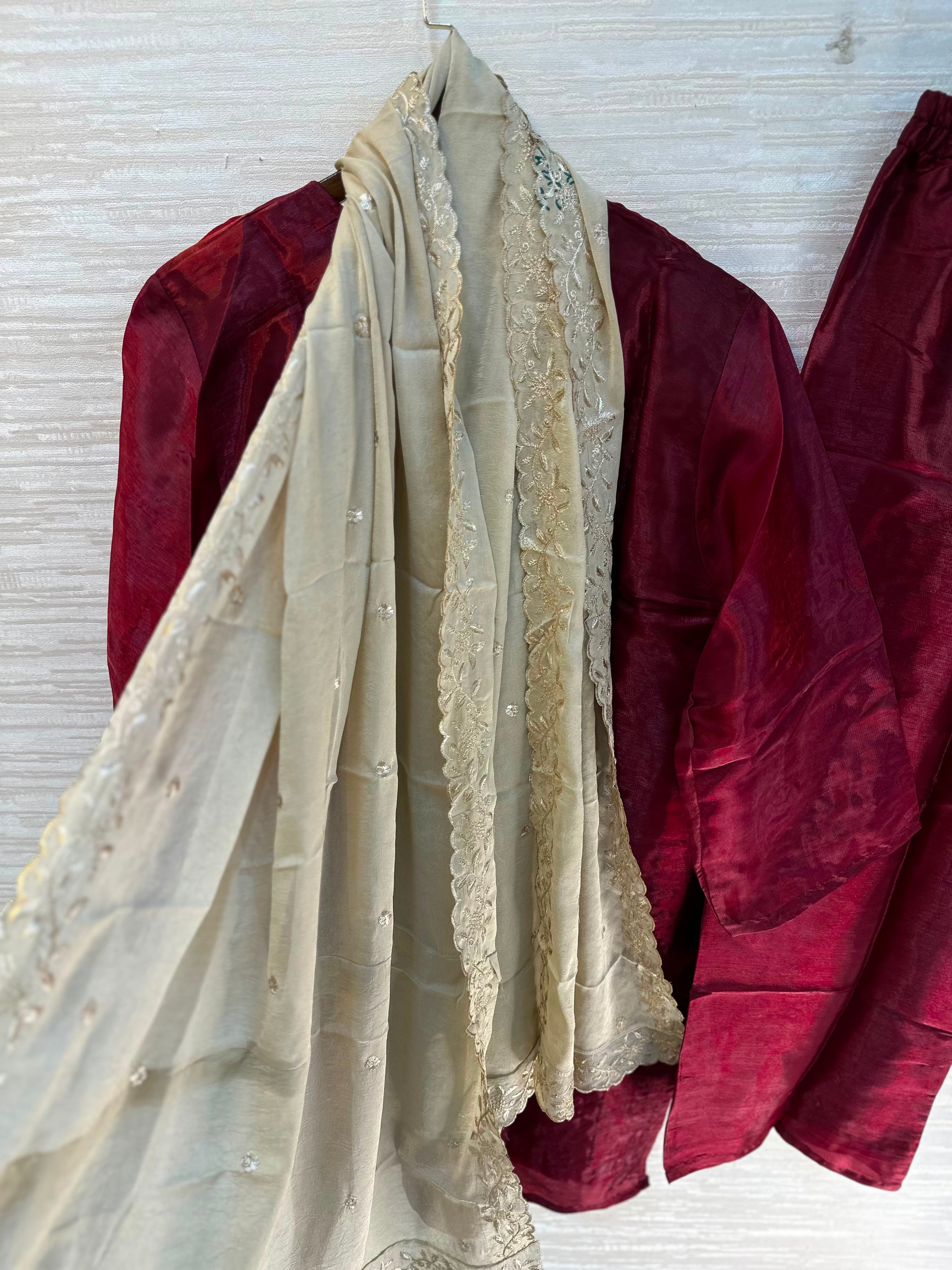 1204 Floral Hand-Work Partywear - Deep Maroon