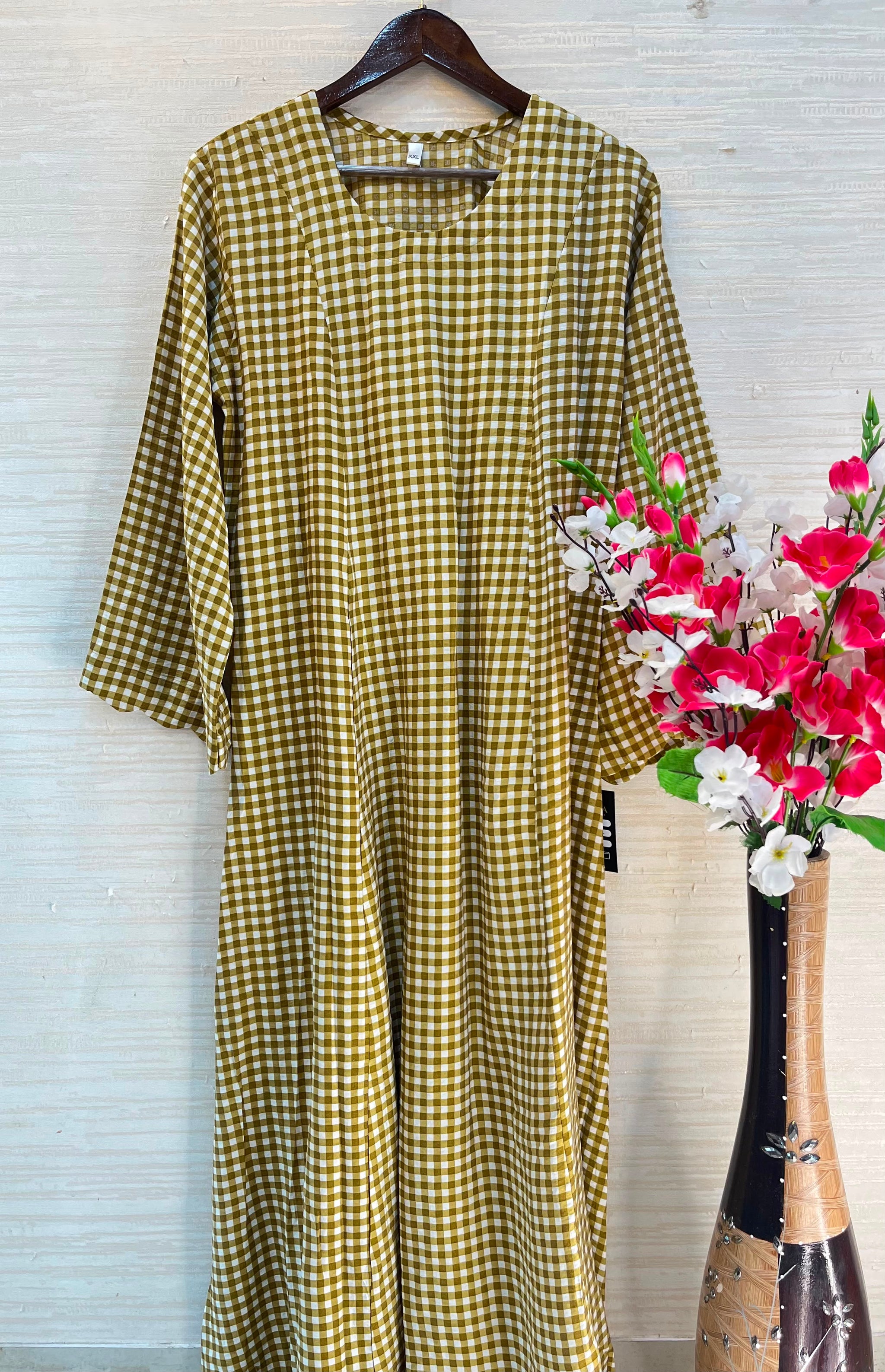 1209 Korean Gingham Gown - Olive Mustard