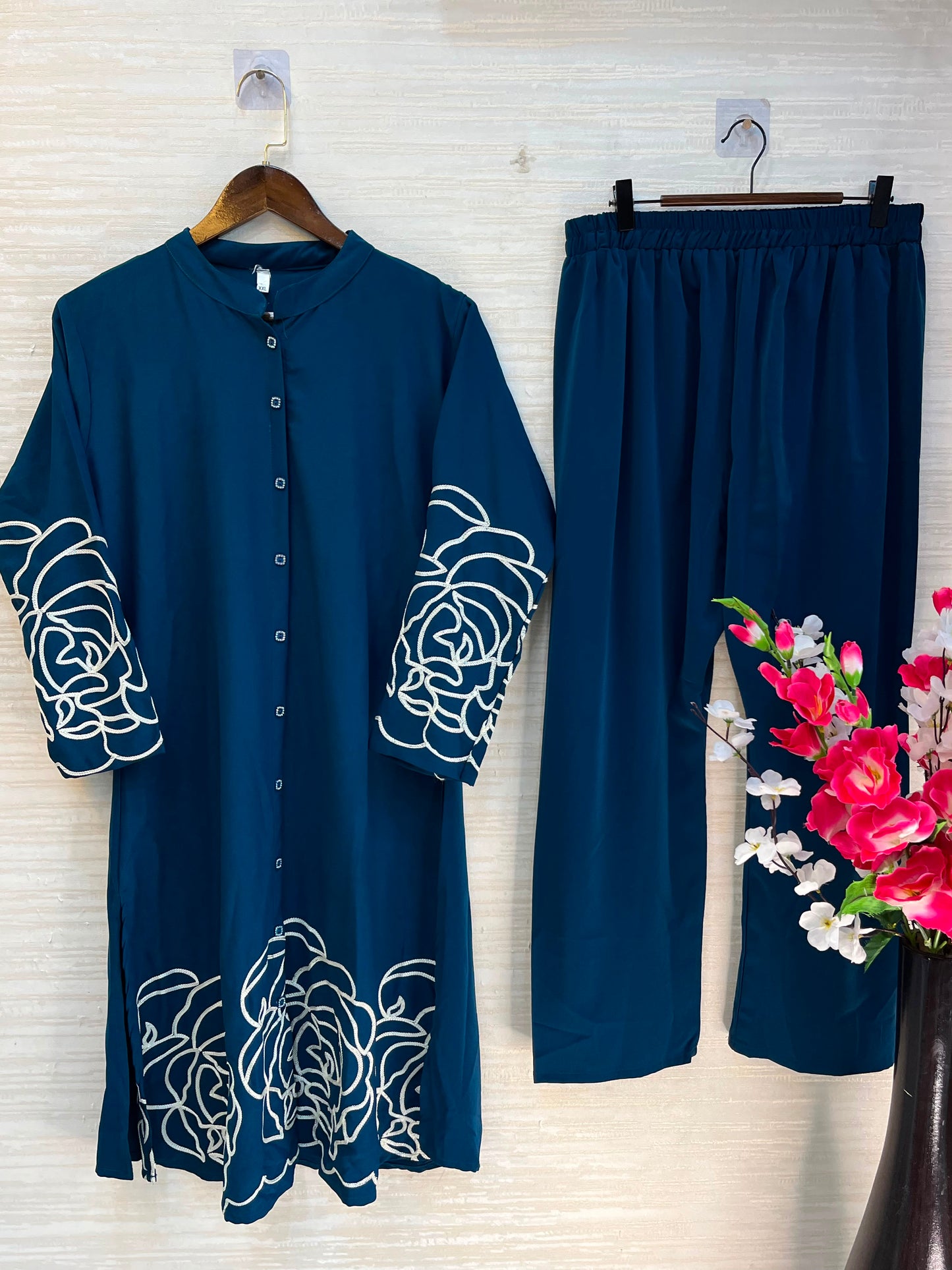 1194 Floral Embroidered Coord Set - Teal Blue