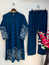 1194 Floral Embroidered Coord Set - Teal Blue
