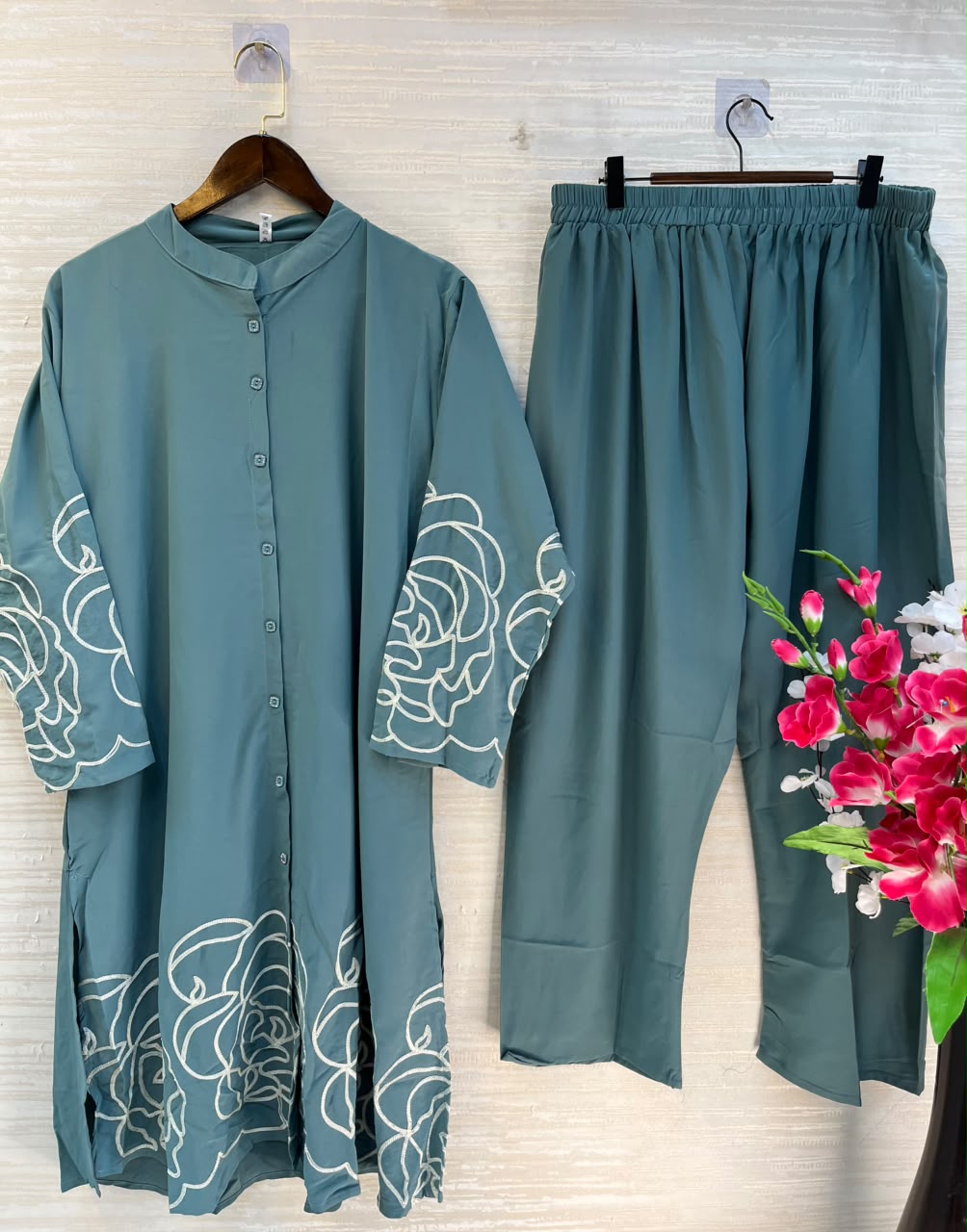 1194 Floral Embroidered Coord Set - Sage Green