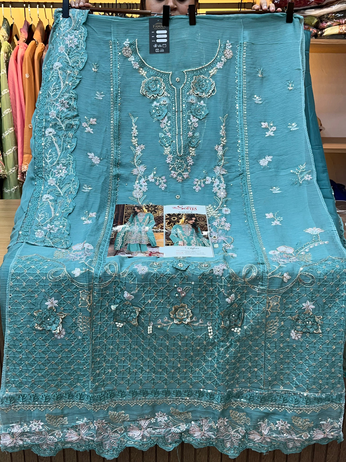 1446 Pakistani Unstitched Partywear - Teal Blue