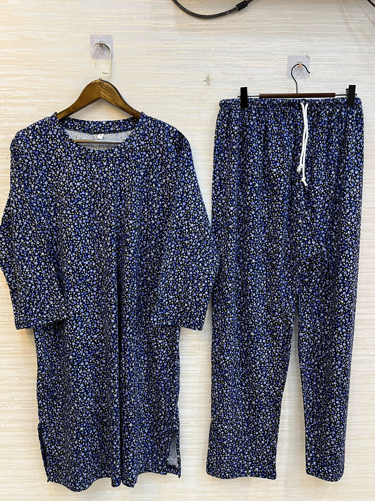 1448 Korean Printed Night Wear - Dark Blue