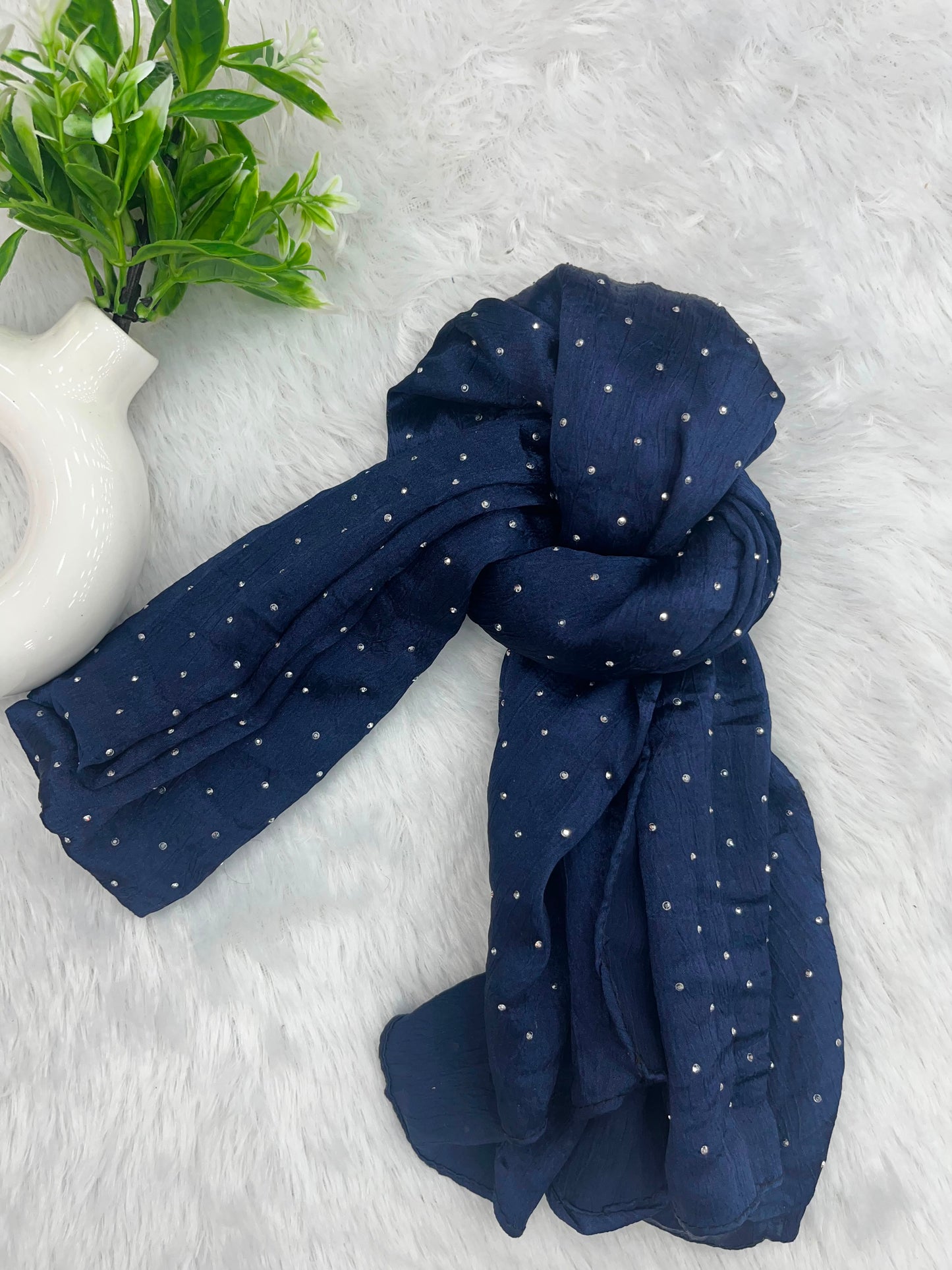 1187 Modest Satin Rhinestone Hijab - Navy Blue