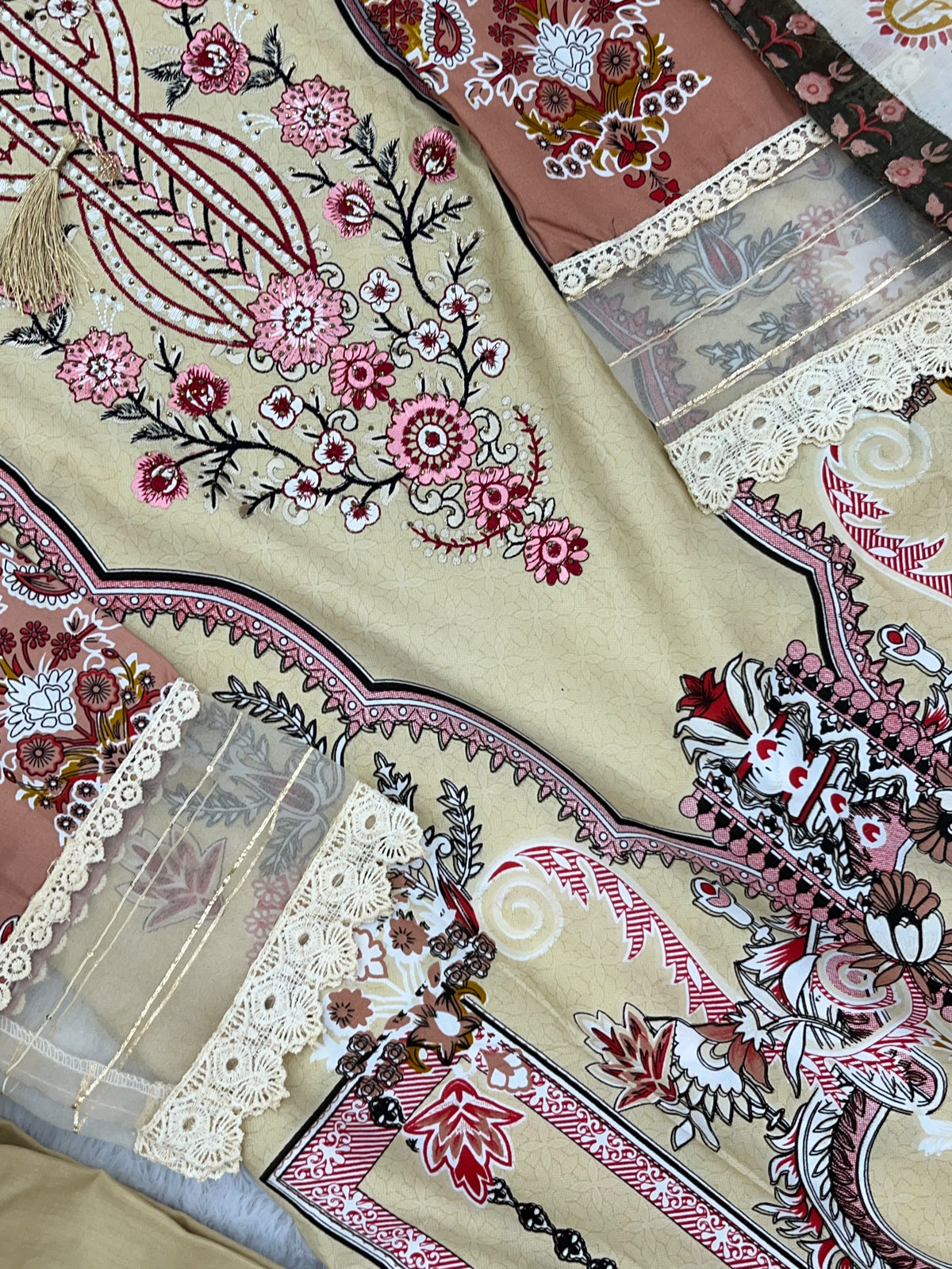 1449 Pakistani Embroidered Suit - Sand Beige