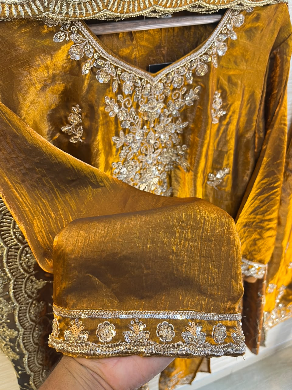 1204 Floral Hand-Work Partywear - Mustard Gold