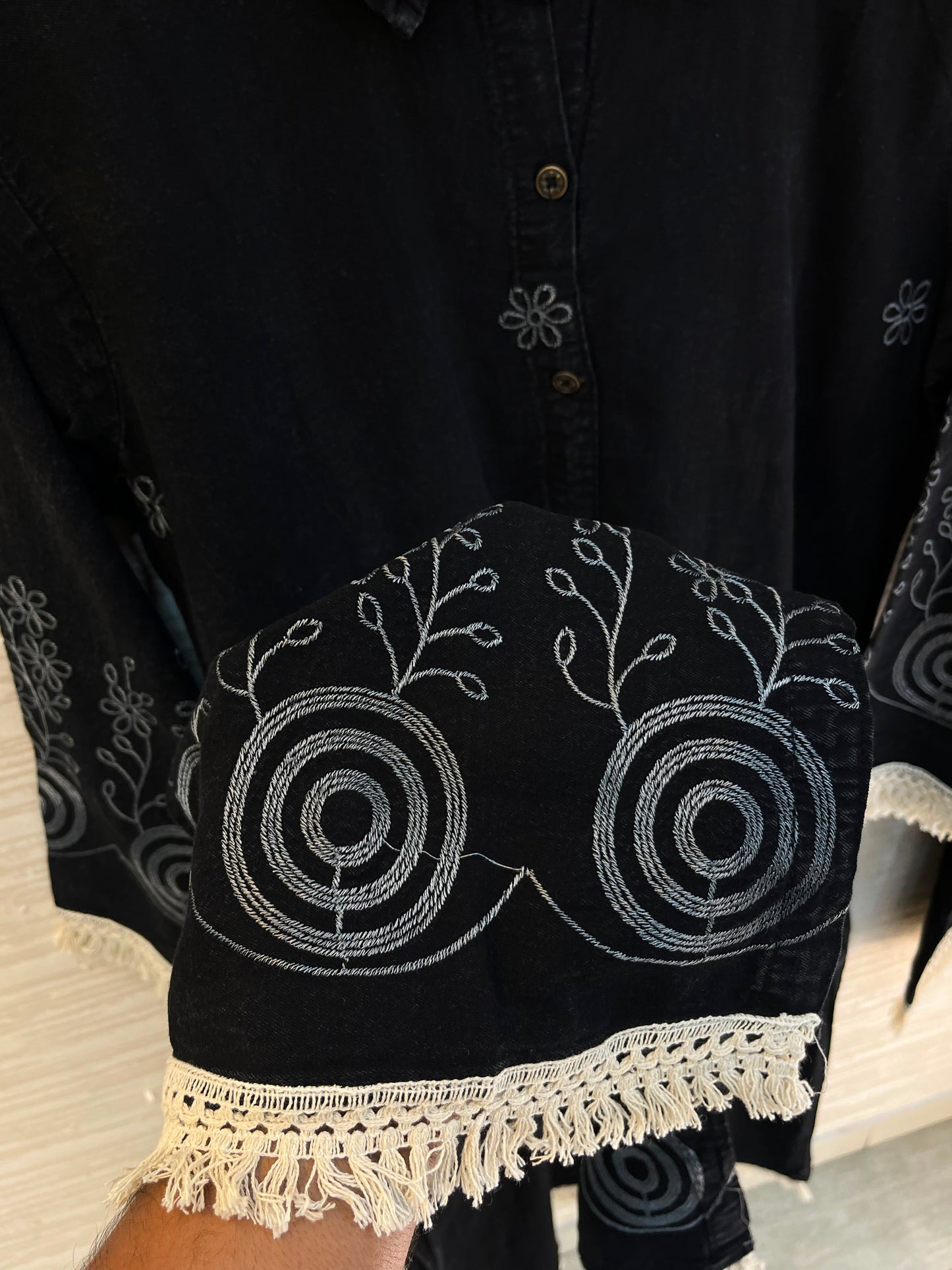 1203 Long Embroidered Denim Coordset - Black