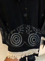 1203 Long Embroidered Denim Coordset - Black
