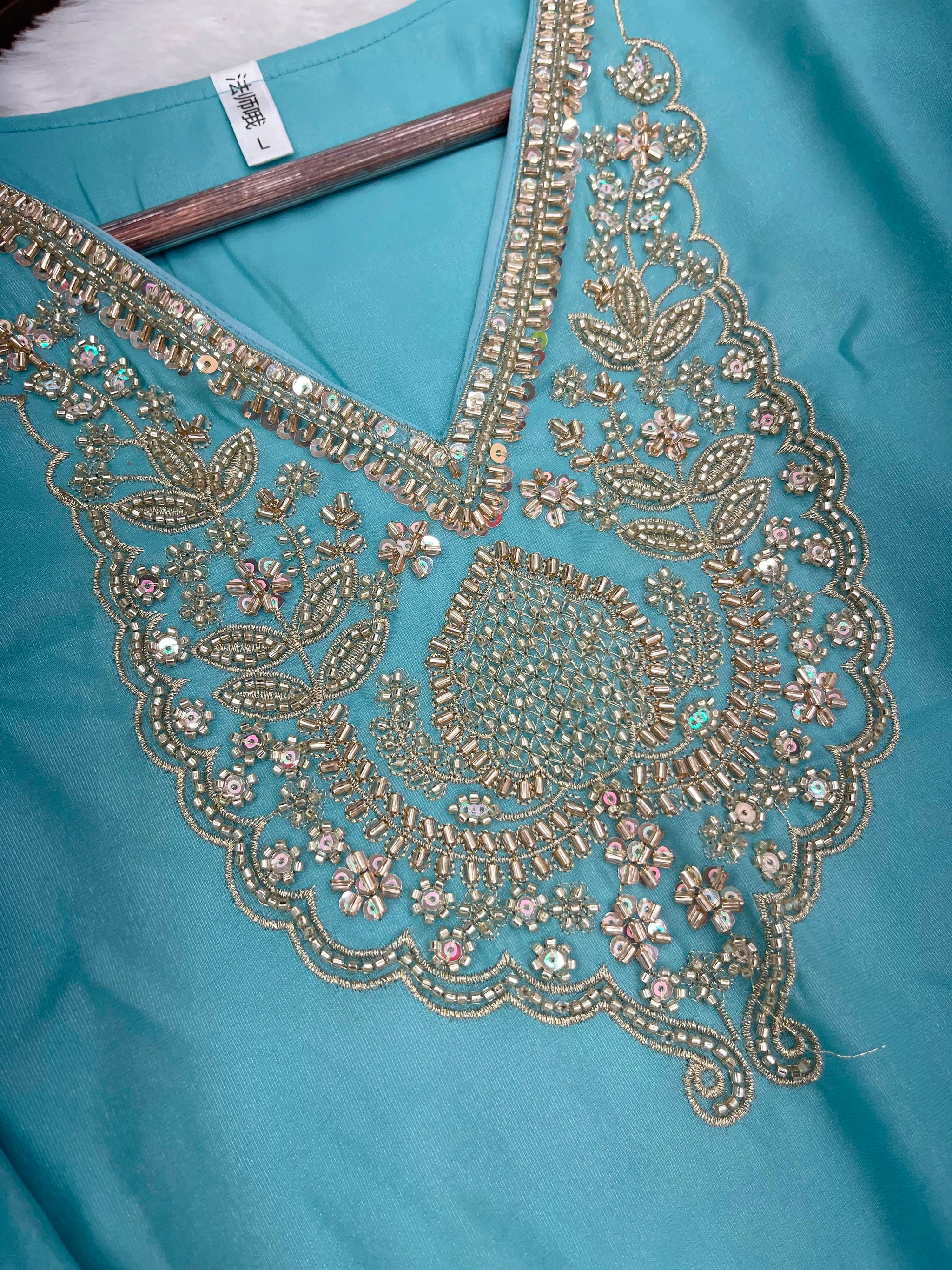 1204 Floral Hand-Work Partywear - Aqua