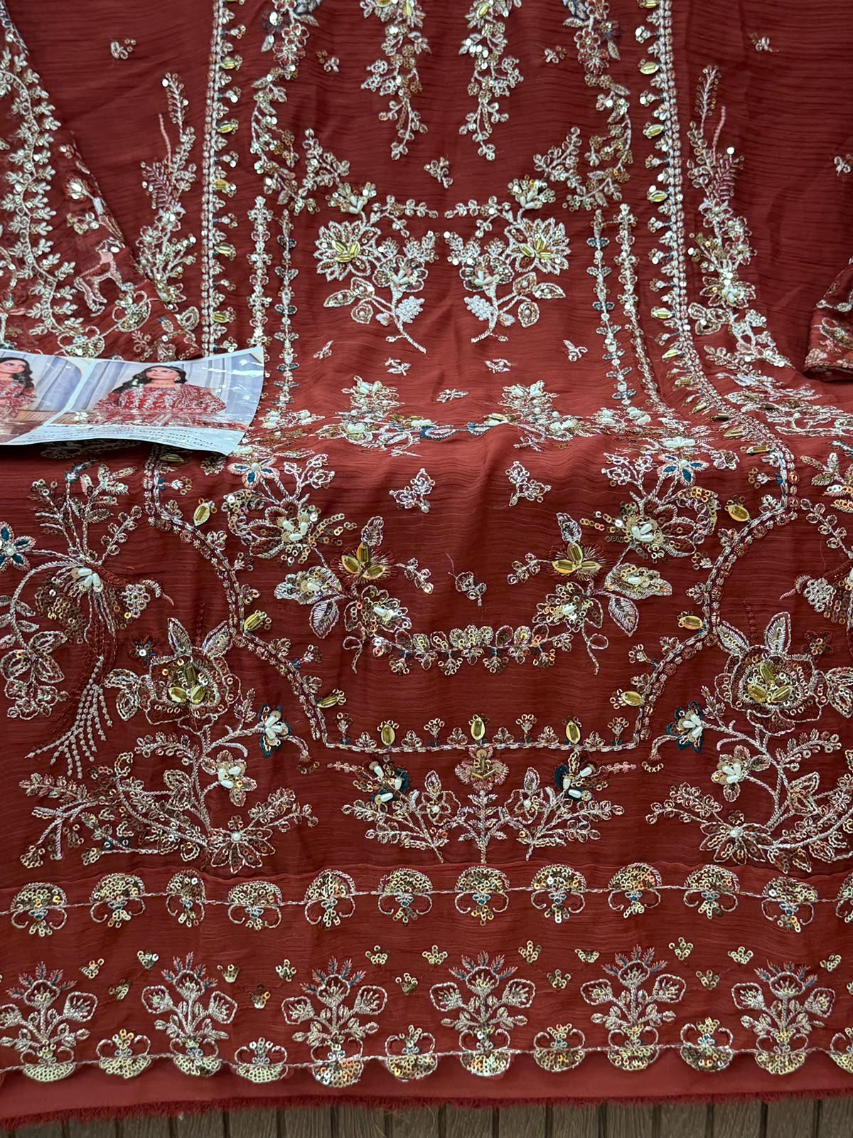 1444 Pakistani Unstitched Partywear - Reddish Brown