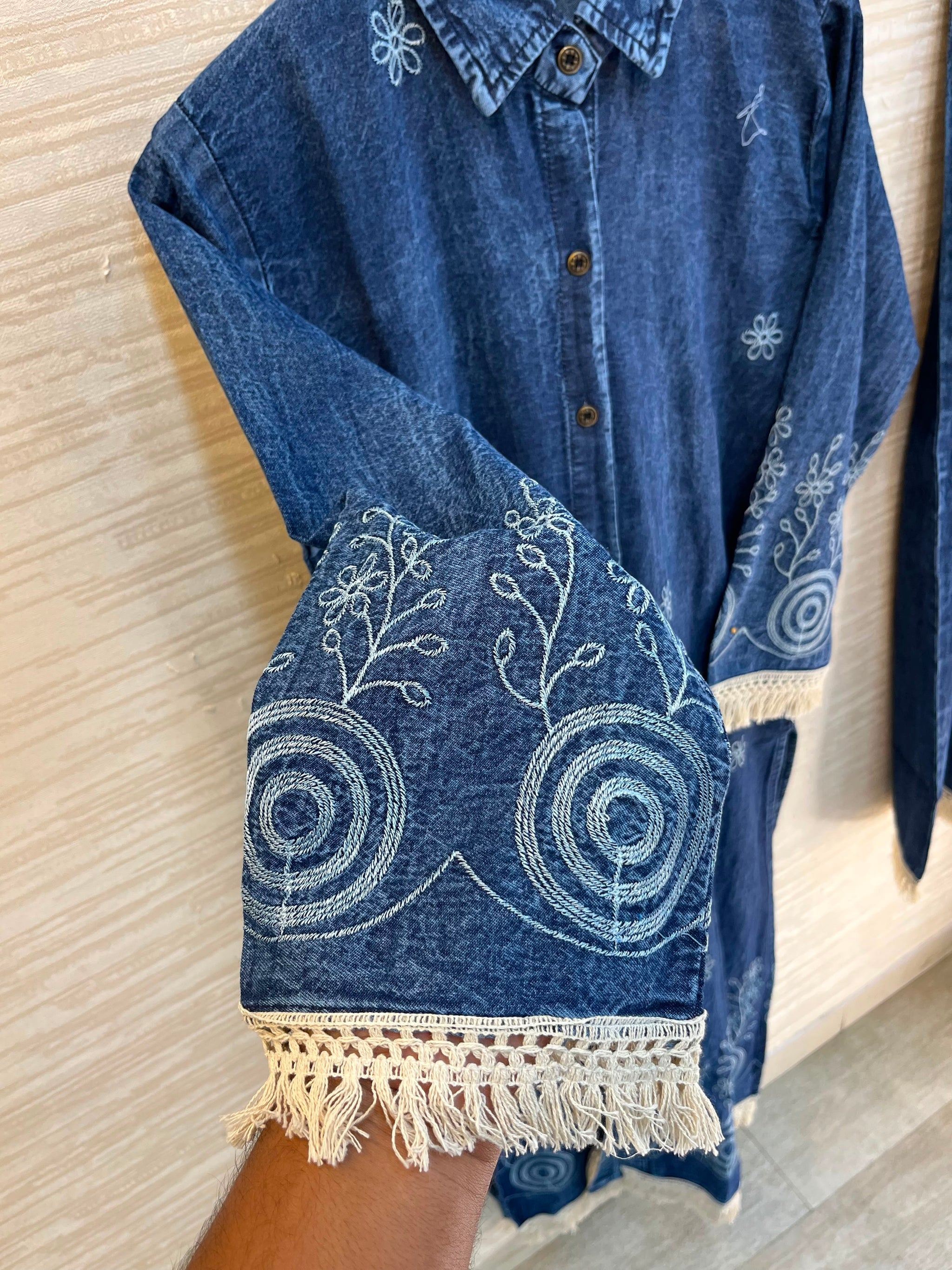 1203 Long Embroidered Denim Coordset - Mid Blue