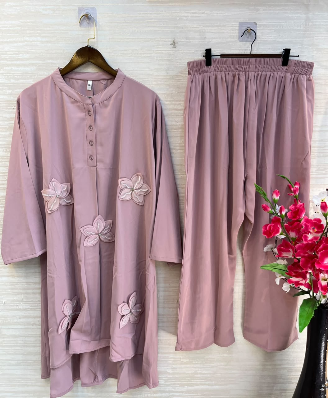 1202 Floral Patch Work Coord Set - Dusty Pink