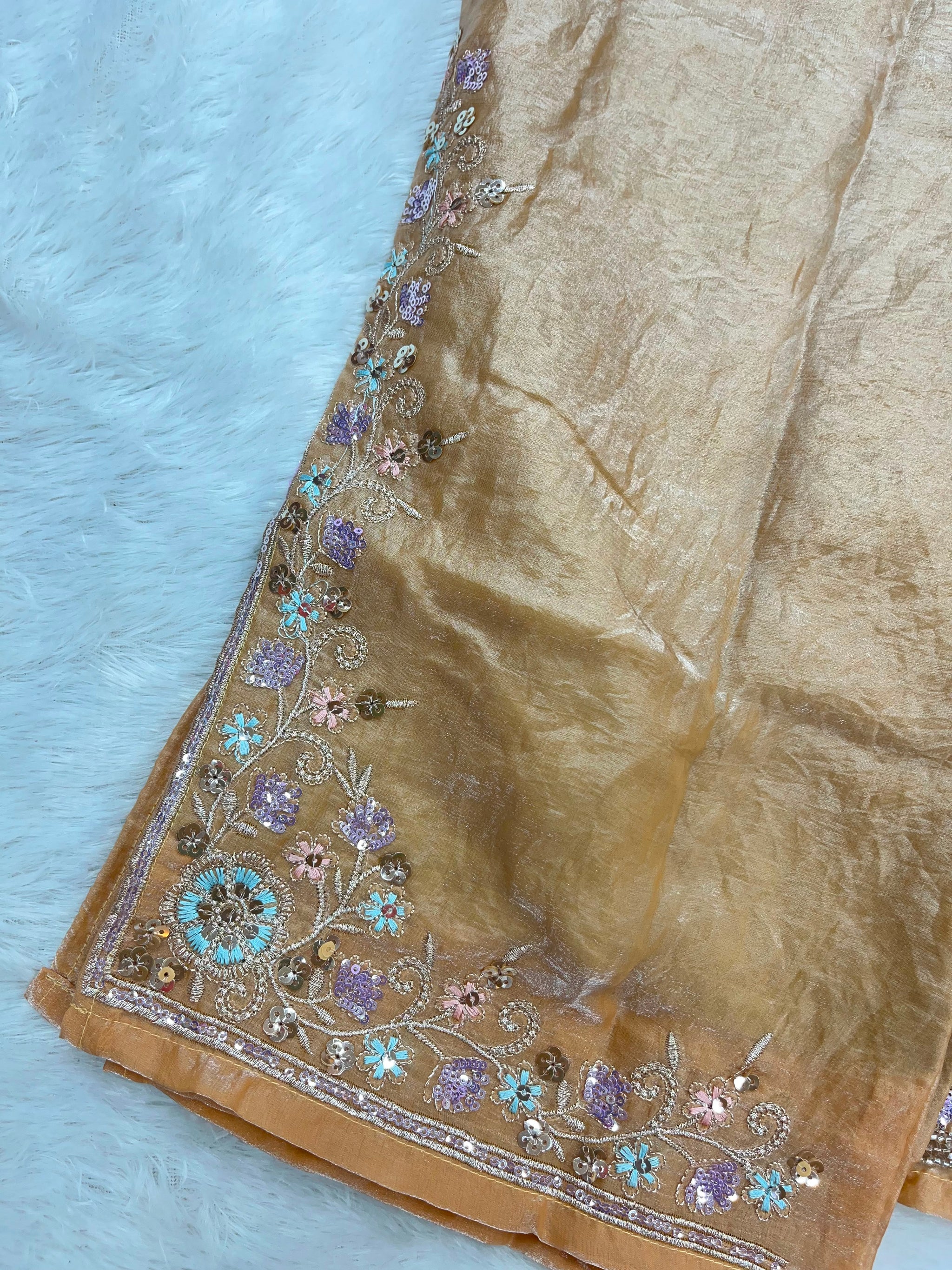 1204 Floral Hand-Work Partywear - Golden Beige
