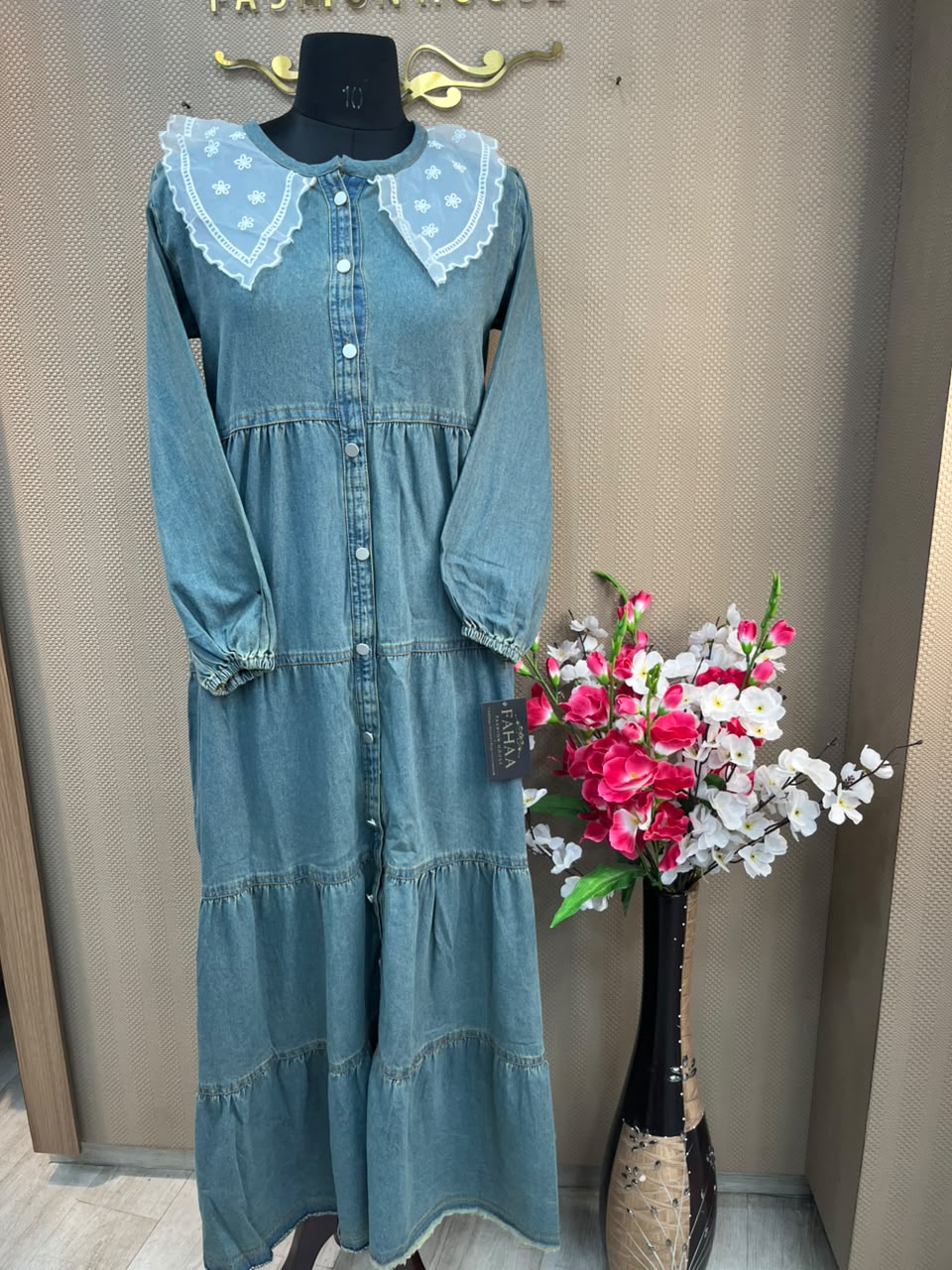 1229 Embroidered Denim Gown - Grey
