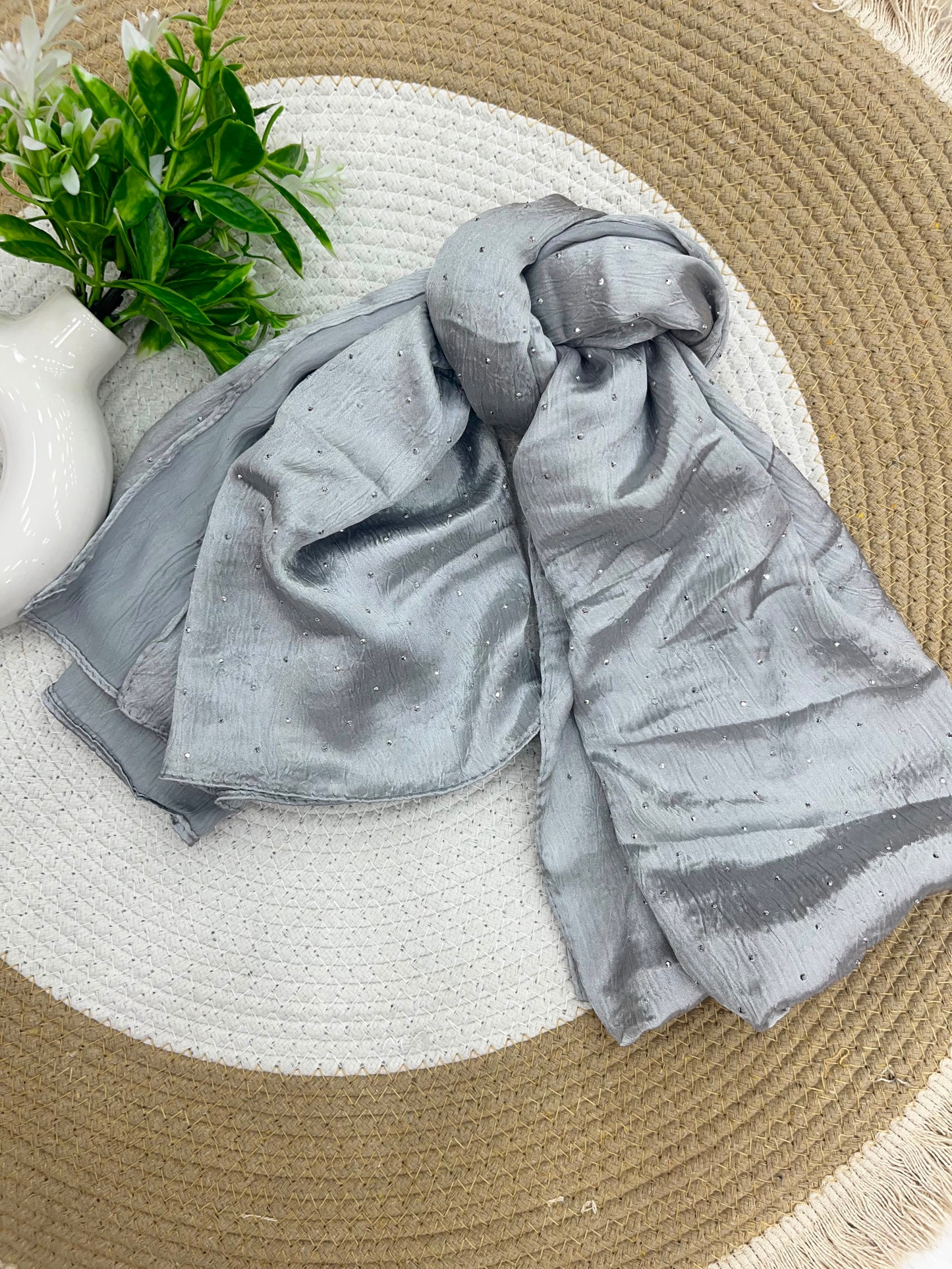 1187 Modest Satin Rhinestone Hijab - Silver Grey