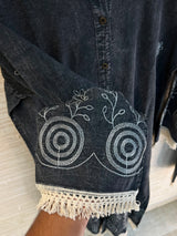 1203 Long Embroidered Denim Coordset - Charcoal Grey