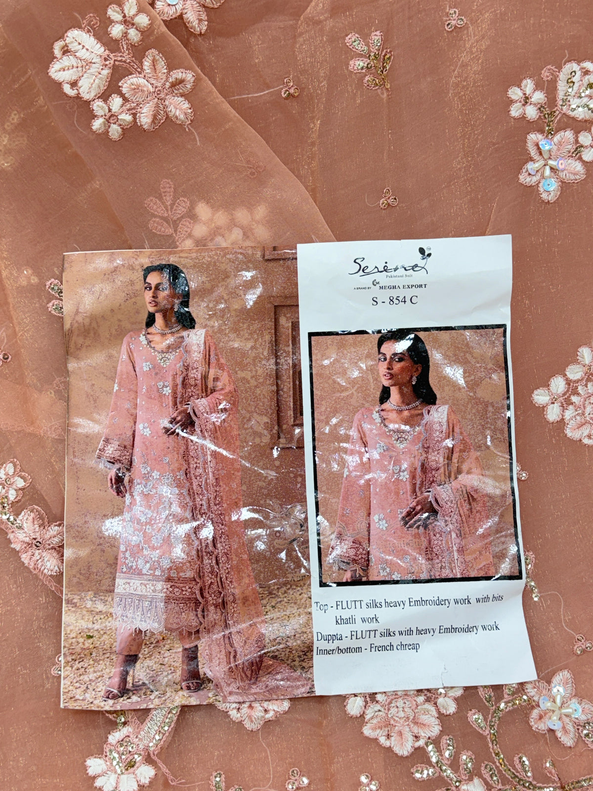 1438 Pakistani Unstitched Partywear - Peach