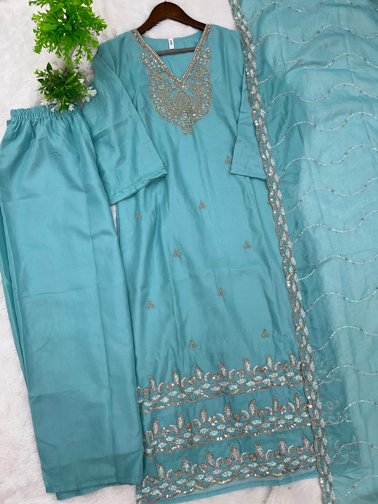 1204 Floral Hand-Work Partywear - Aqua